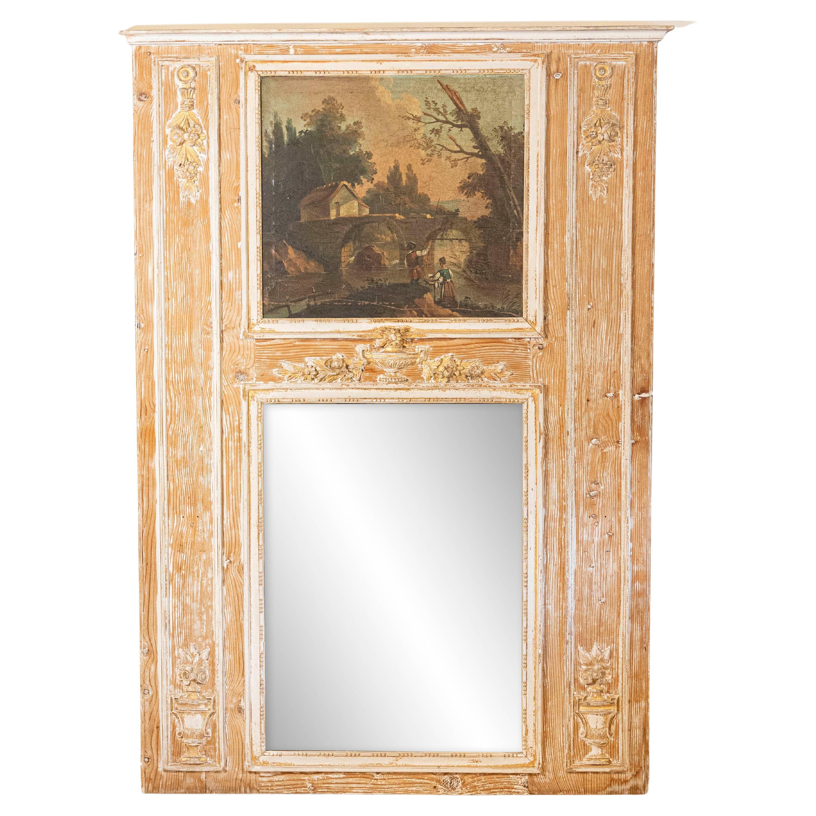 Espejo Trumeau francés Luis XVI de 1790 con pintura original y detalles dorados