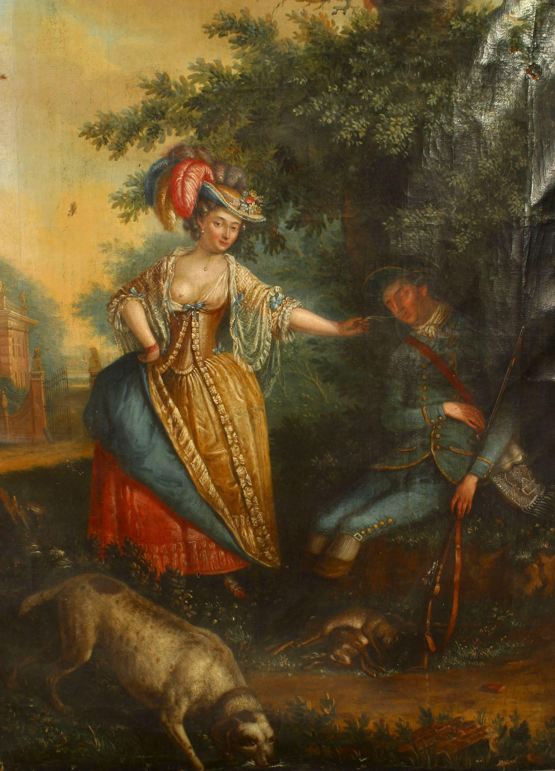 French Louis XVI (18th century) oil painting of a scene with a dog and a young lady enticing a young sleeping man with a feather in a gilt carved swag and scroll frame with an eagle (As is).
 