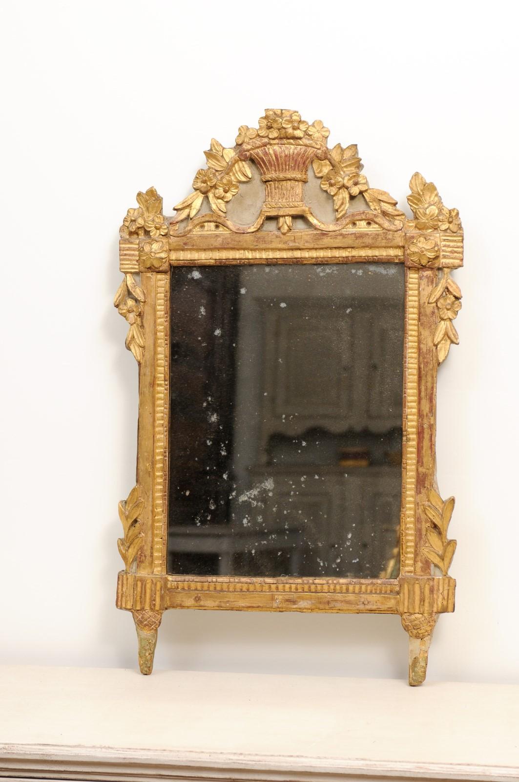 Painted French Louis XVI 18th Century Giltwood Mirror with Carved Bouquet of Flowers For Sale