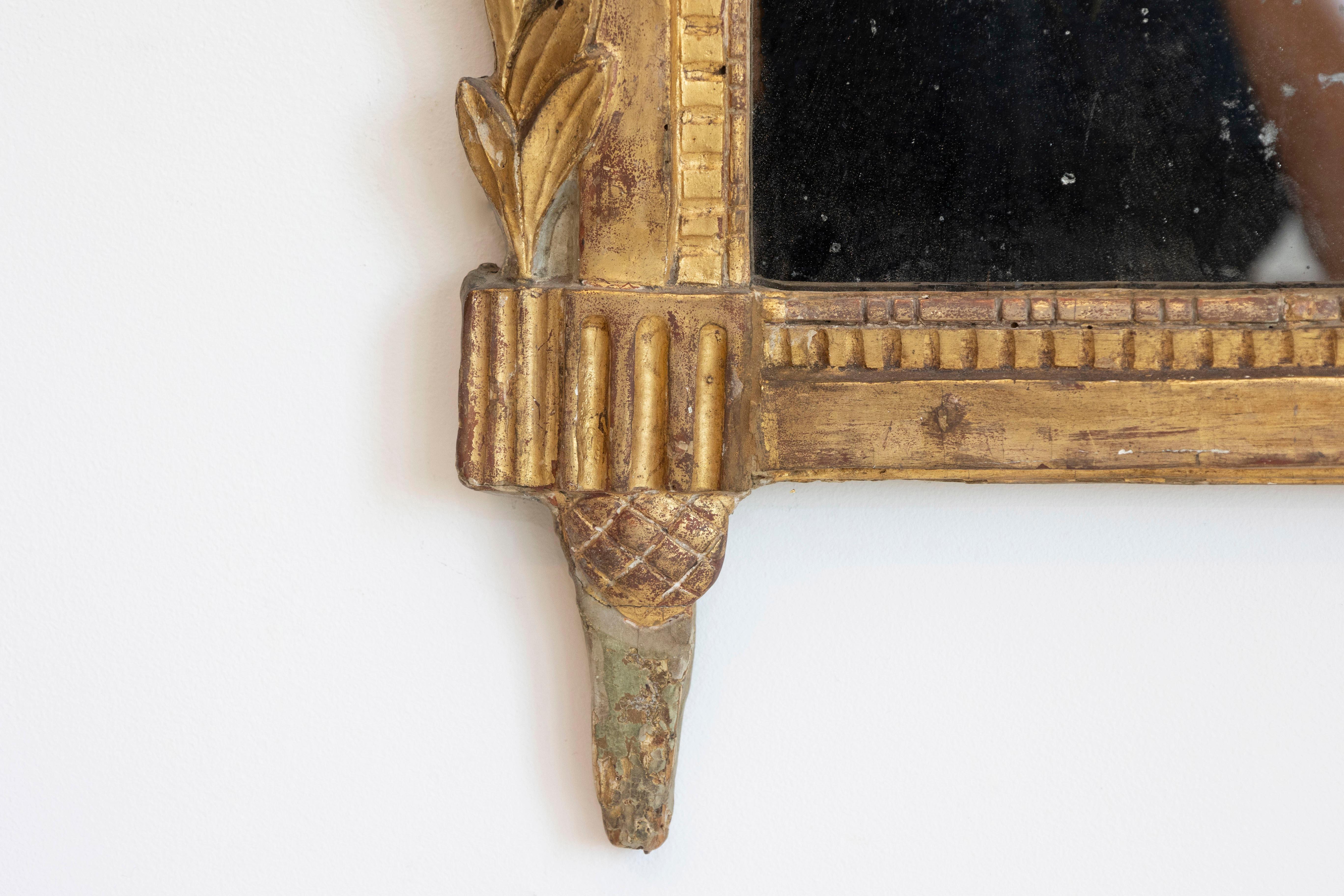 Painted French Louis XVI 18th Century Giltwood Mirror with Carved Bouquet of Flowers For Sale