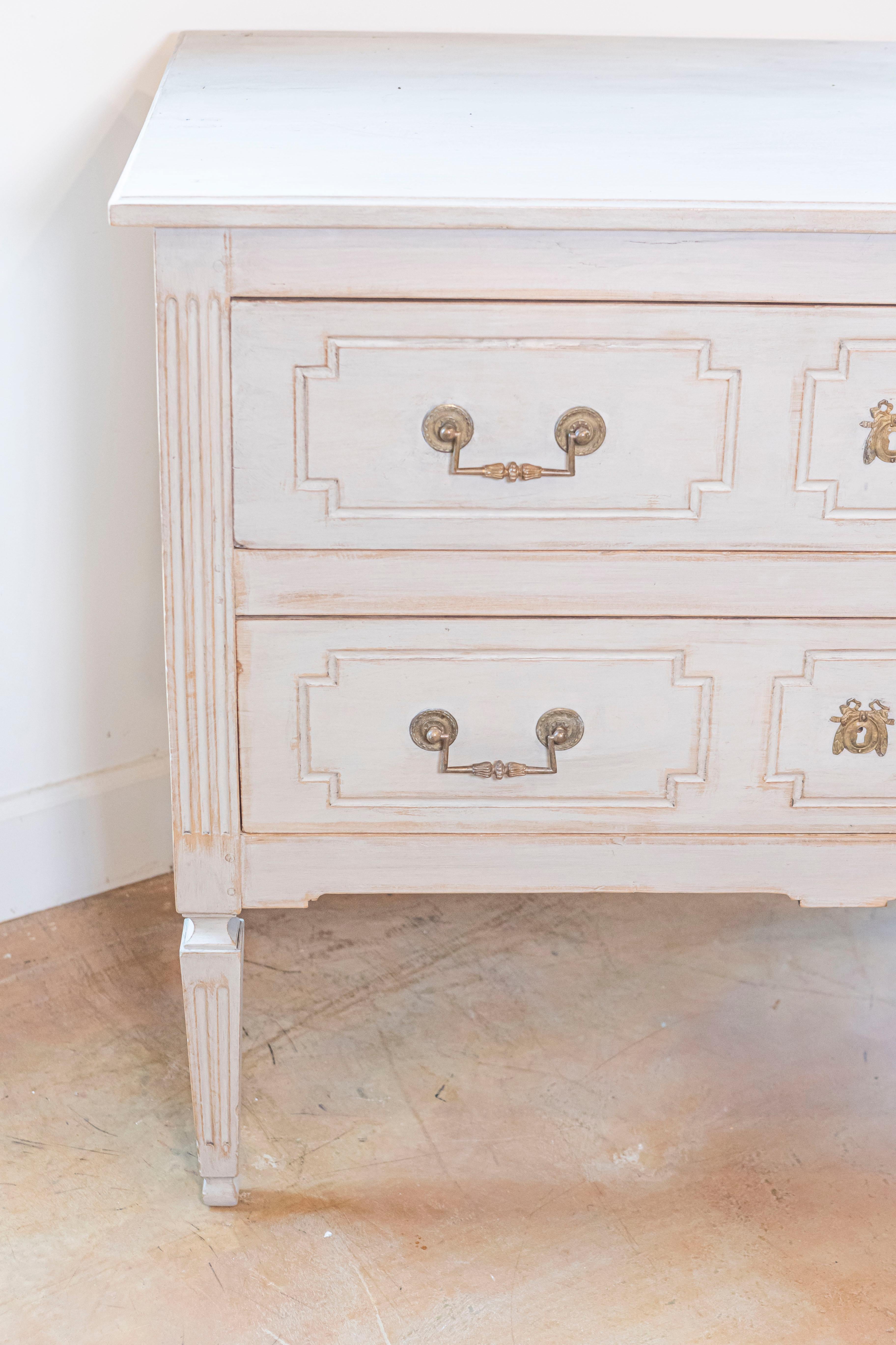 Wood French Louis XVI 18th Century Painted Two-Drawer Commode with Fluted Accents For Sale