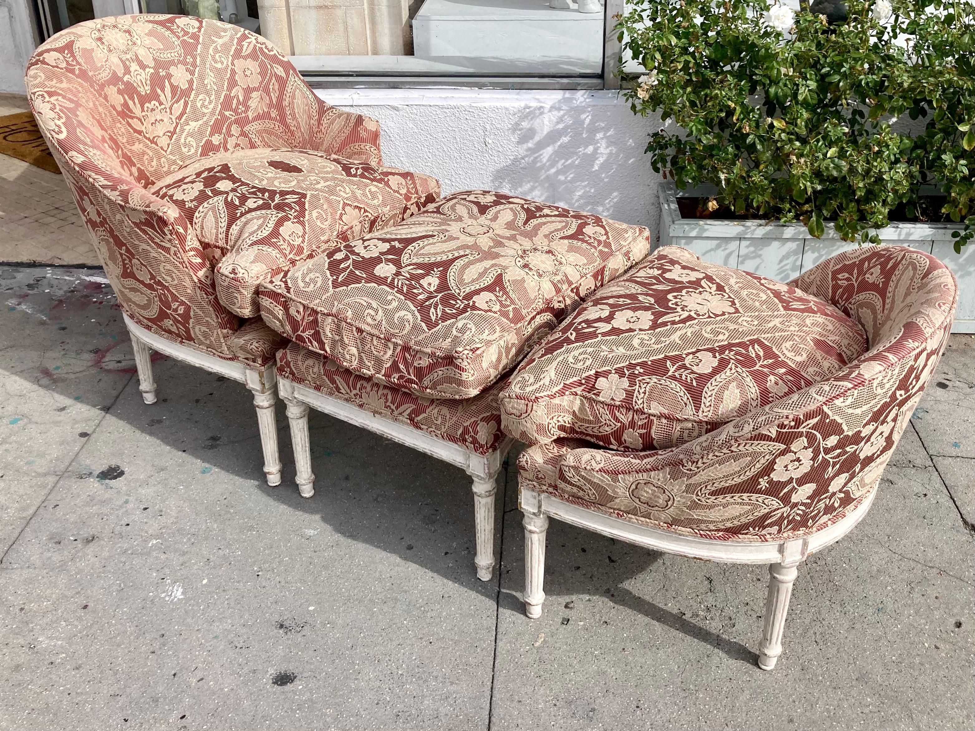 Beautiful unique three-piece French Louis XVI Duchesse Brisée lounge chair. Pieces include two chairs and an ottoman in the center. New upholstery, but frame in original finish and in great shape.

Additional dimensions
All pieces put together: 24”W