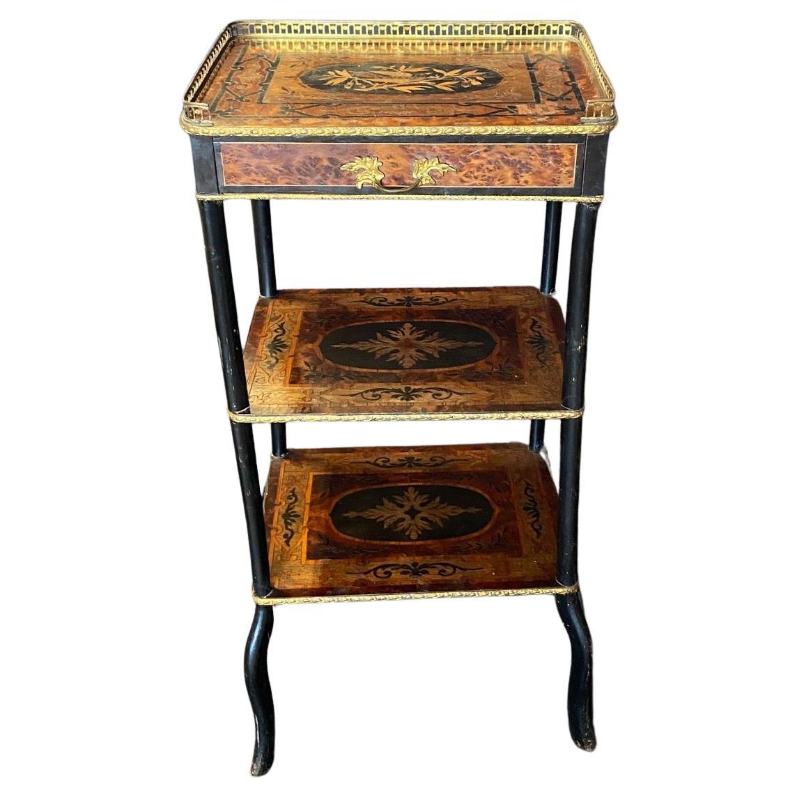 French Louis XVI 3 Tier Marquetry Inlaid Etagere Side Table For Sale