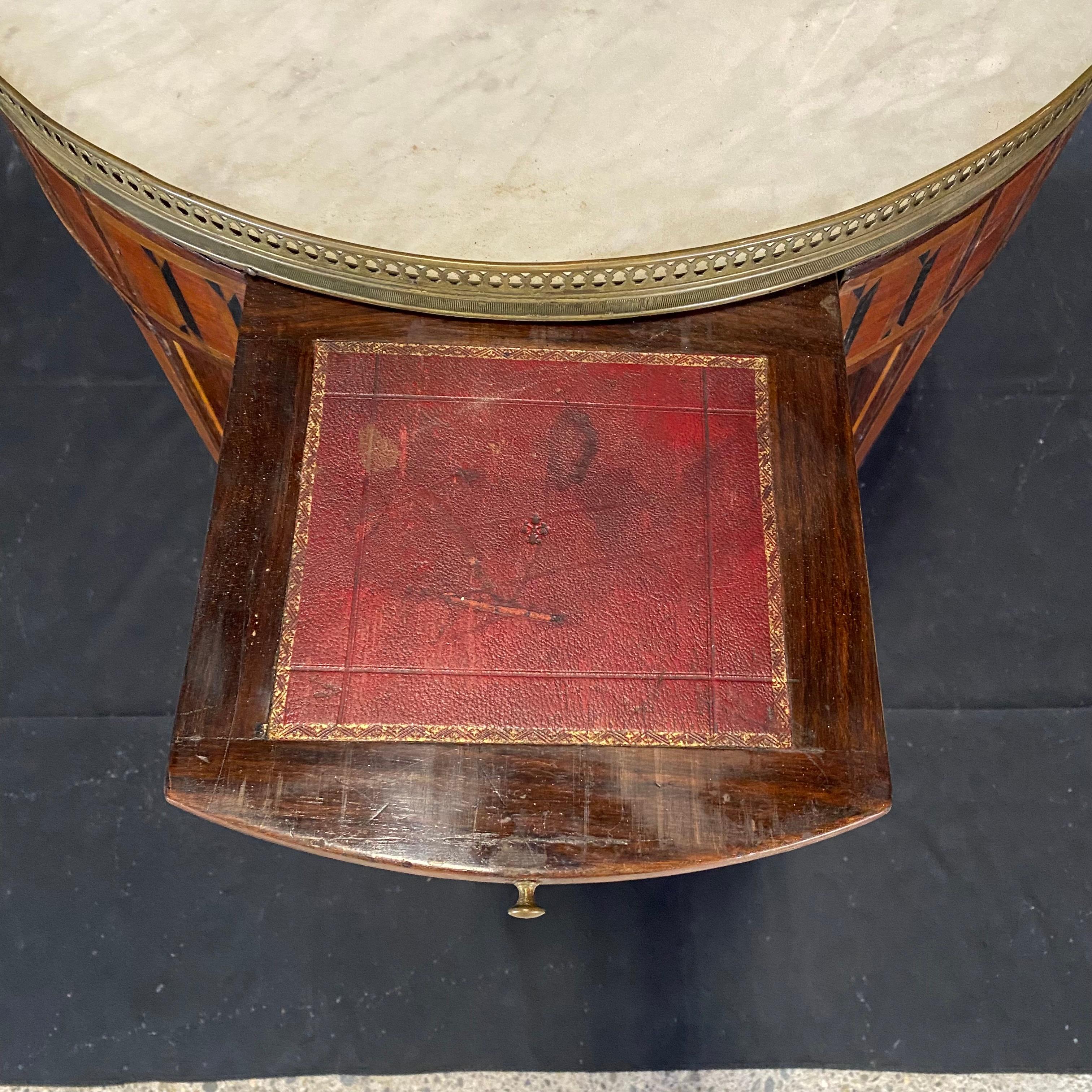 19th Century French Louis XVI Antique Marble Top Bouilette Marquetry Table For Sale