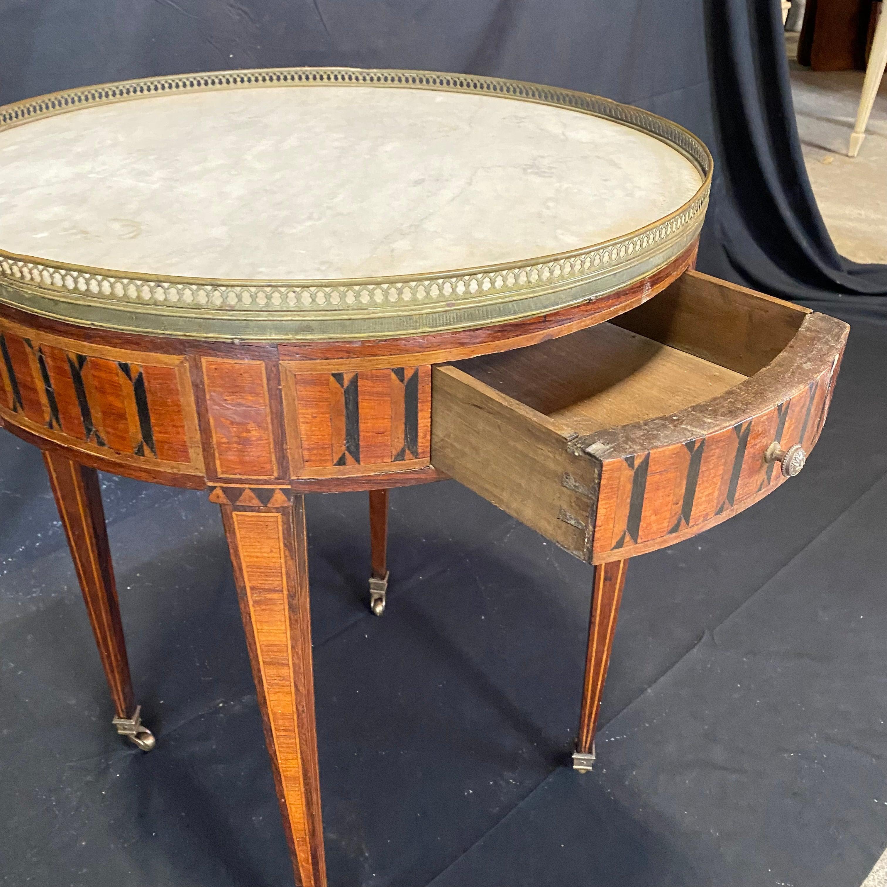 Bronze French Louis XVI Antique Marble Top Bouilette Marquetry Table For Sale