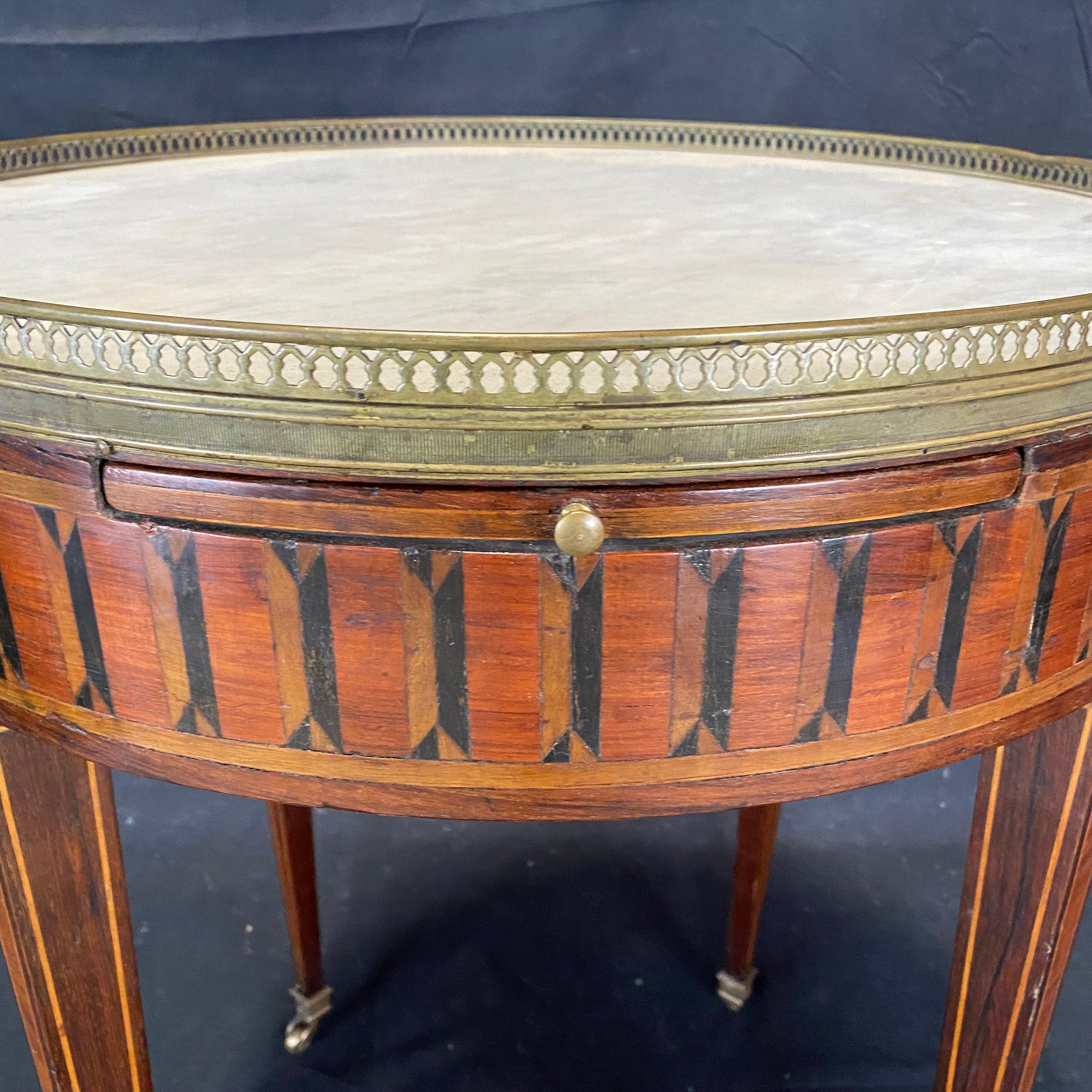French Louis XVI Antique Marble Top Bouilette Marquetry Table For Sale 4