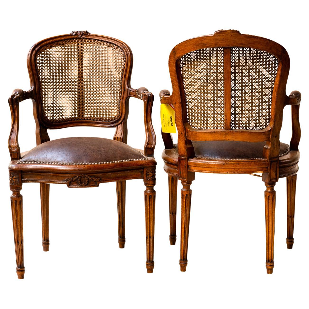 French Louis XVI Armchair with Cane back and Leather Seat and Armrest