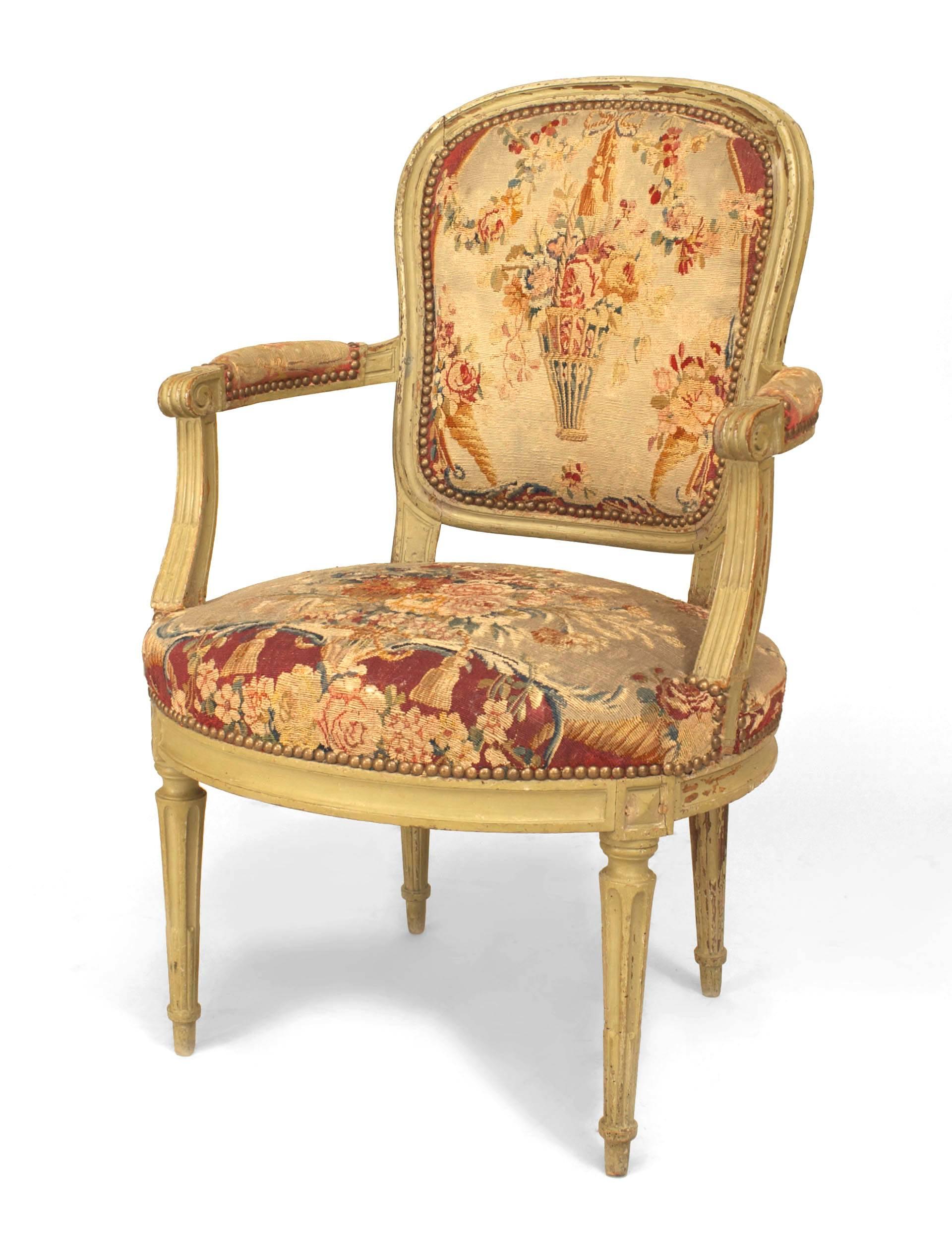 French Set of 6 Louis XVI Floral Tapestry Arm Chairs