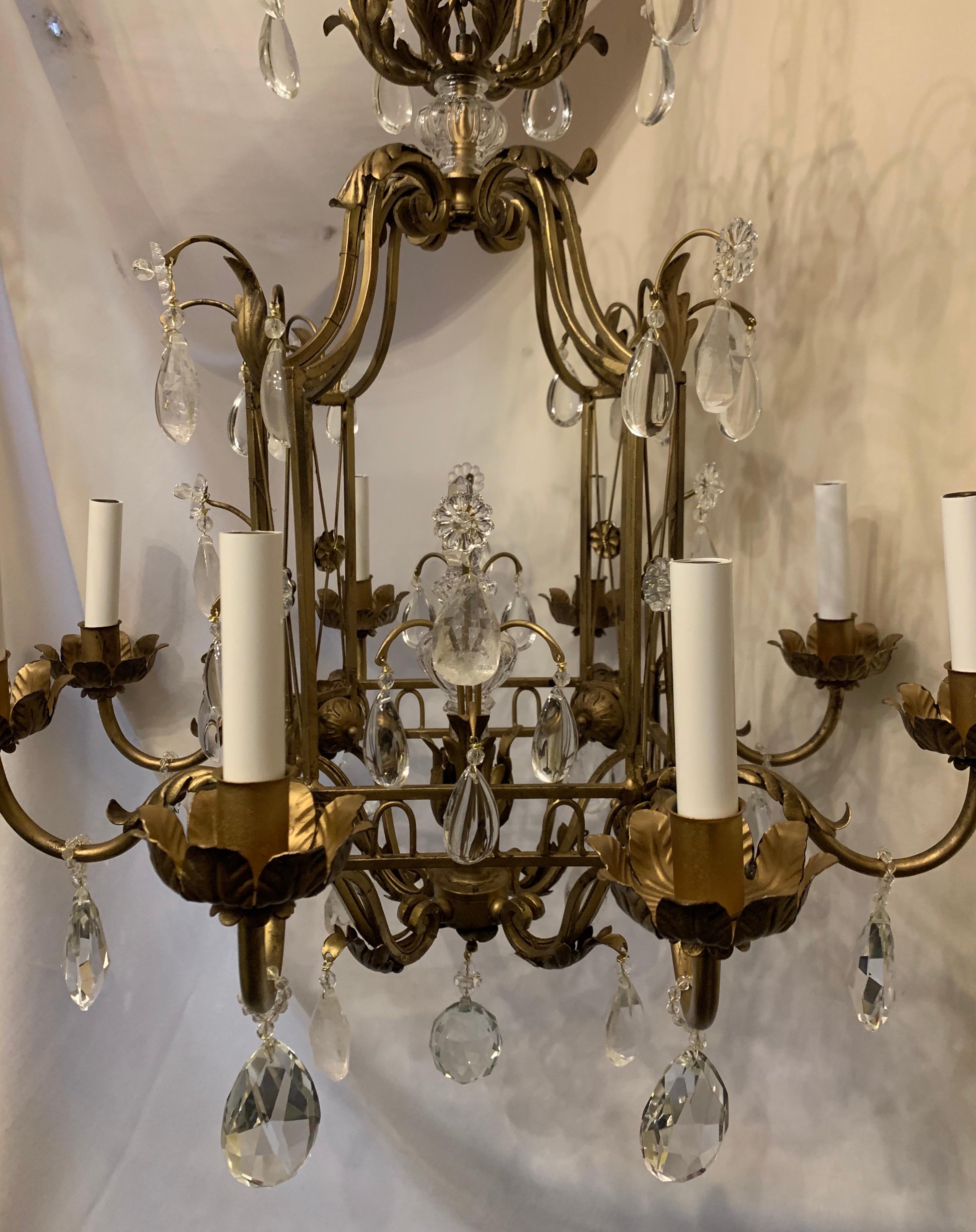 Gilt French Louis XVI Baguès Rock Crystal Eight-Light Square Midcentury Chandelier For Sale