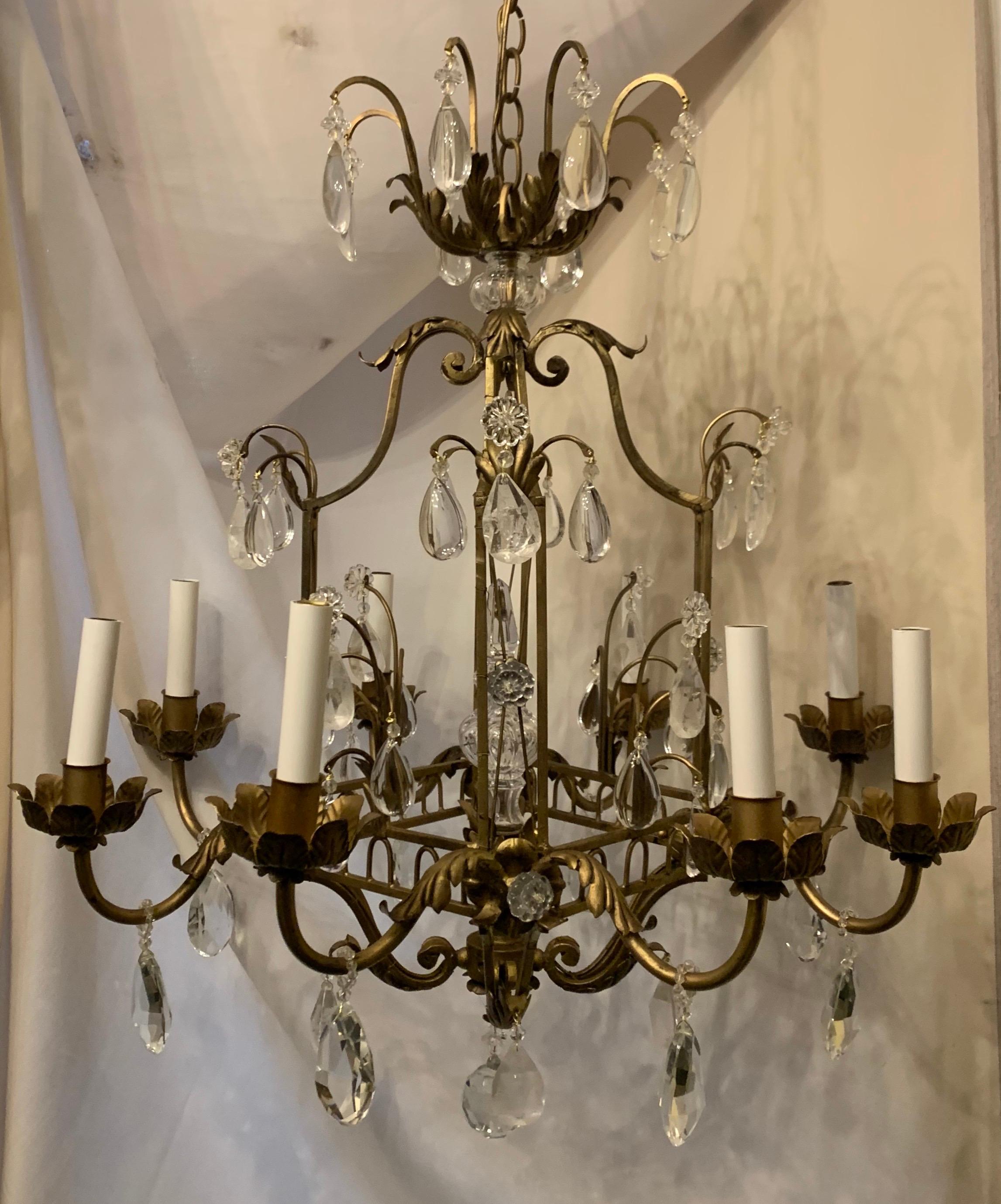 20th Century French Louis XVI Baguès Rock Crystal Eight-Light Square Midcentury Chandelier For Sale