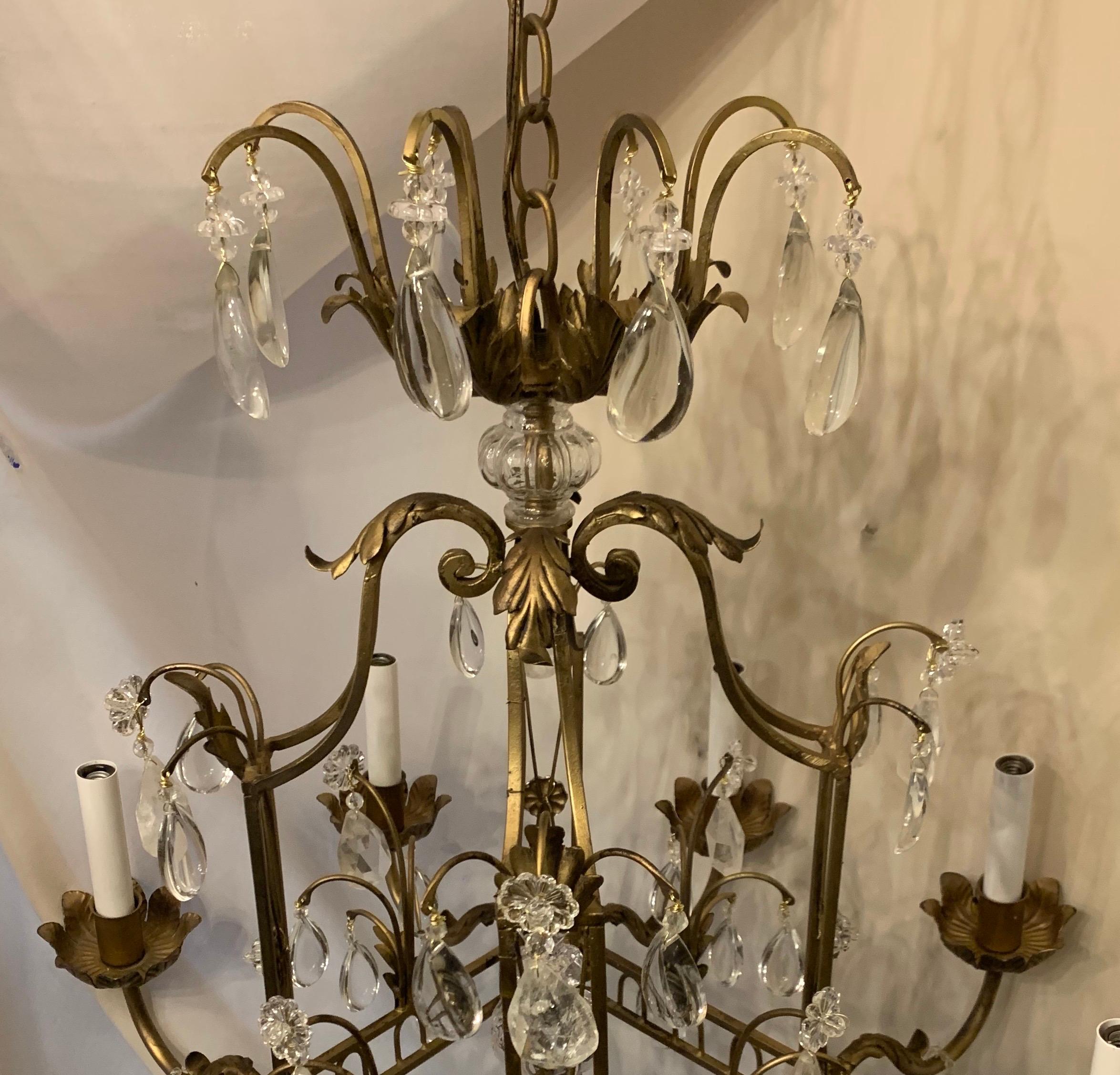 French Louis XVI Baguès Rock Crystal Eight-Light Square Midcentury Chandelier For Sale 3