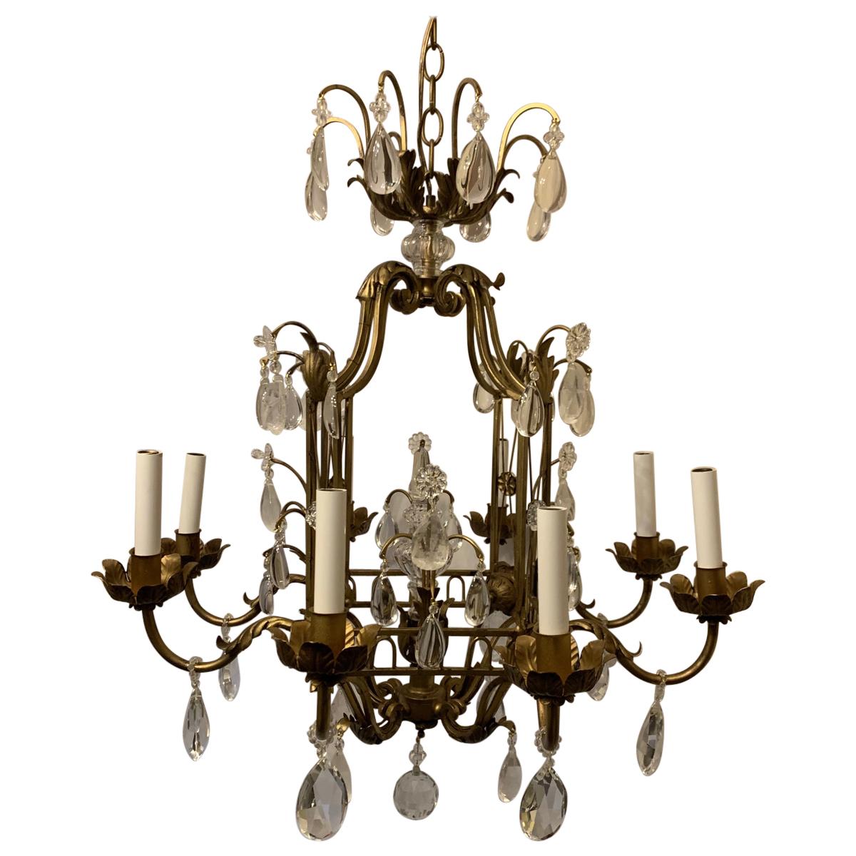 French Louis XVI Baguès Rock Crystal Eight-Light Square Midcentury Chandelier For Sale