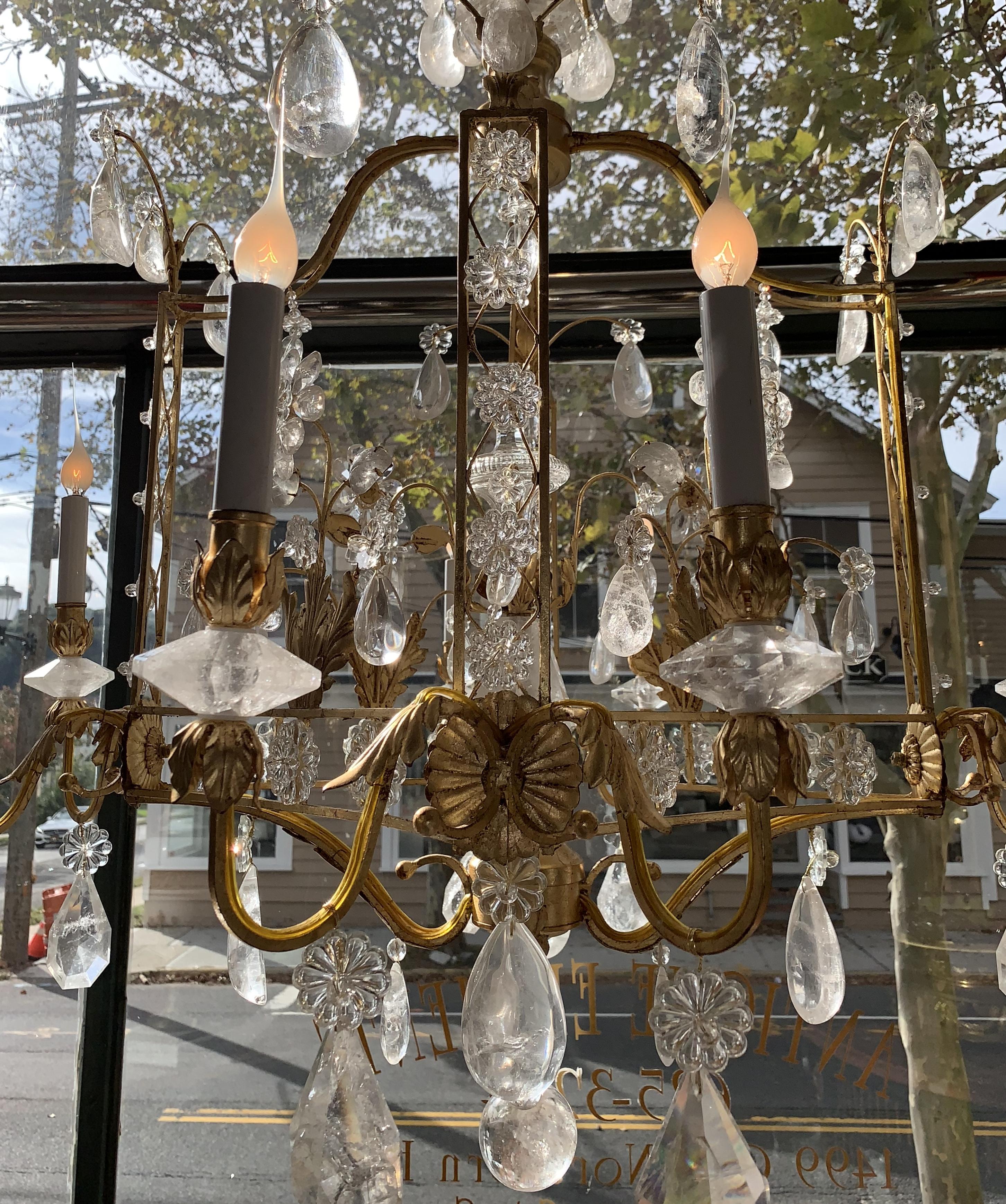 20th Century French Louis XVI Baguès Rock Crystal Eight-Light Square Midcentury Chandelier
