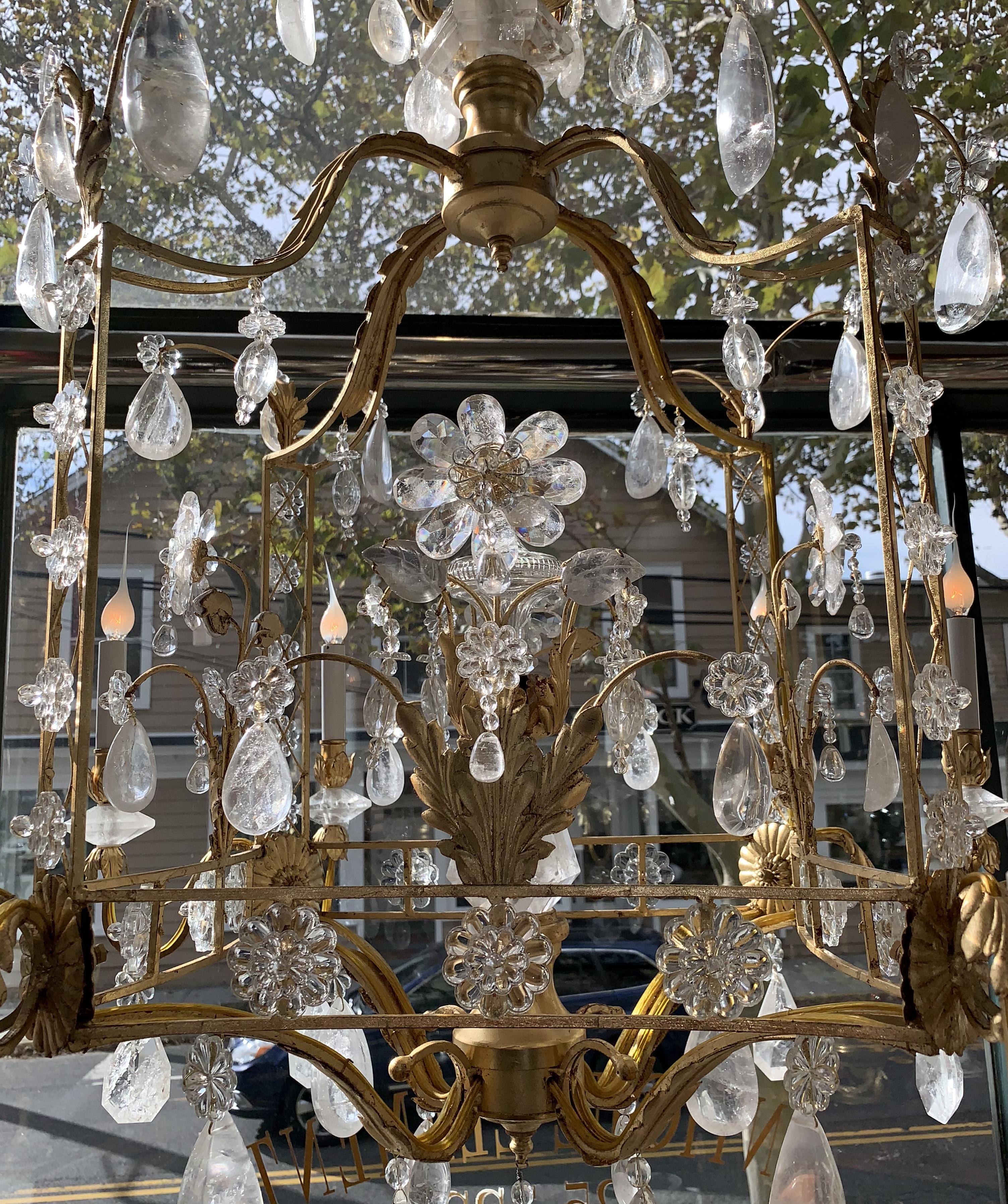 French Louis XVI Baguès Rock Crystal Eight-Light Square Midcentury Chandelier 1