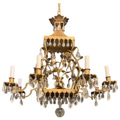 French Louis XVI Baguès Rock Crystal Eight-Light Square Pagoda Basket Chandelier