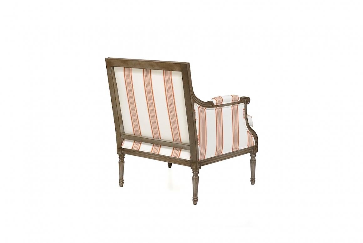 A stunning French Louis XVI bergère armchair, 20th century.

The Louis XVI bergère is shown in cherrywood with an antique grey finish. Note the fluted en carquois legs and the rectangular à la reine back.

Handcrafted in cherrywood, oak,