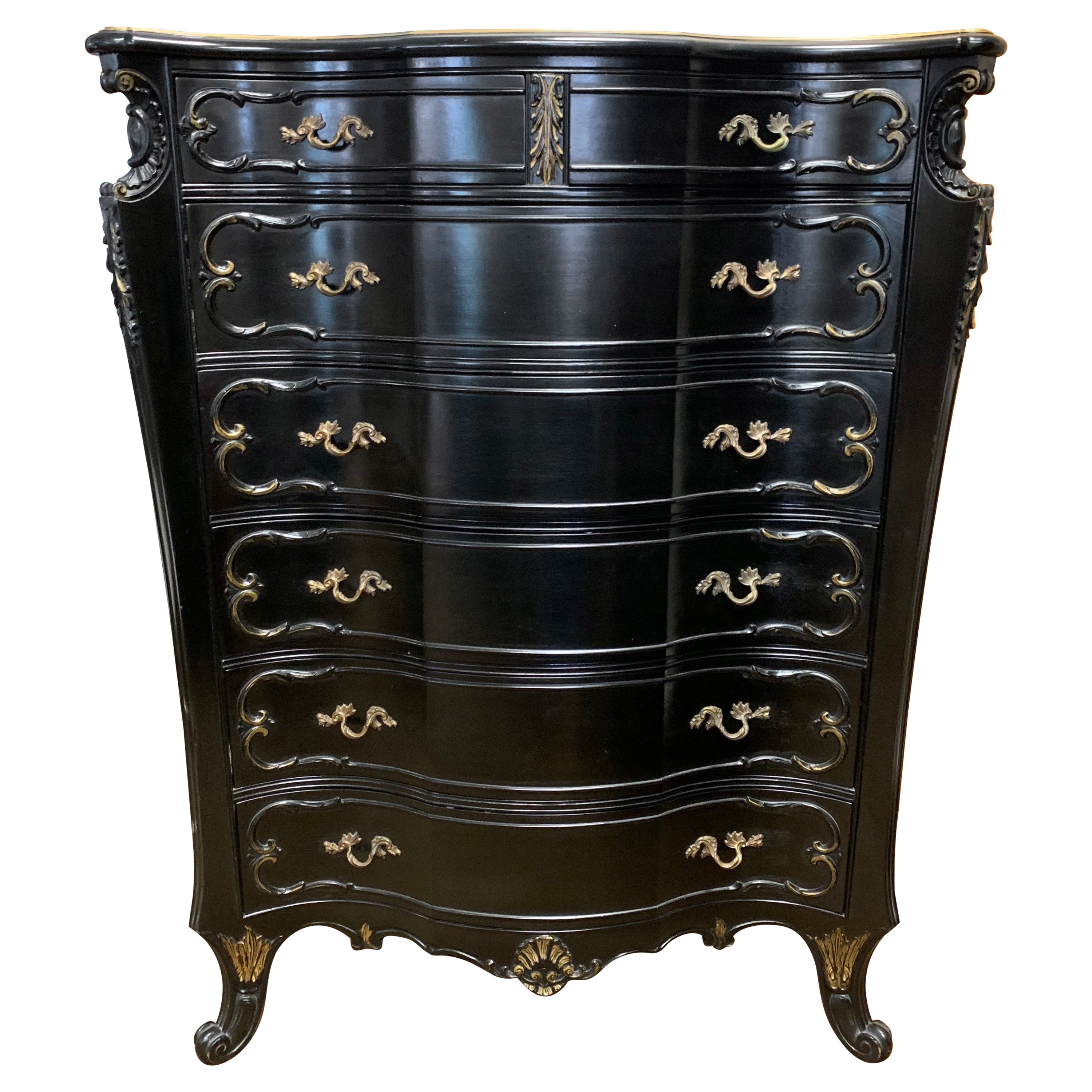 French Louis XVI Black Ebonized Tall Chest of Drawers