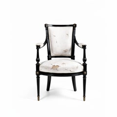 French Louis XVI Black Lacquer Carved Armchair, 19th Century Antique Chair