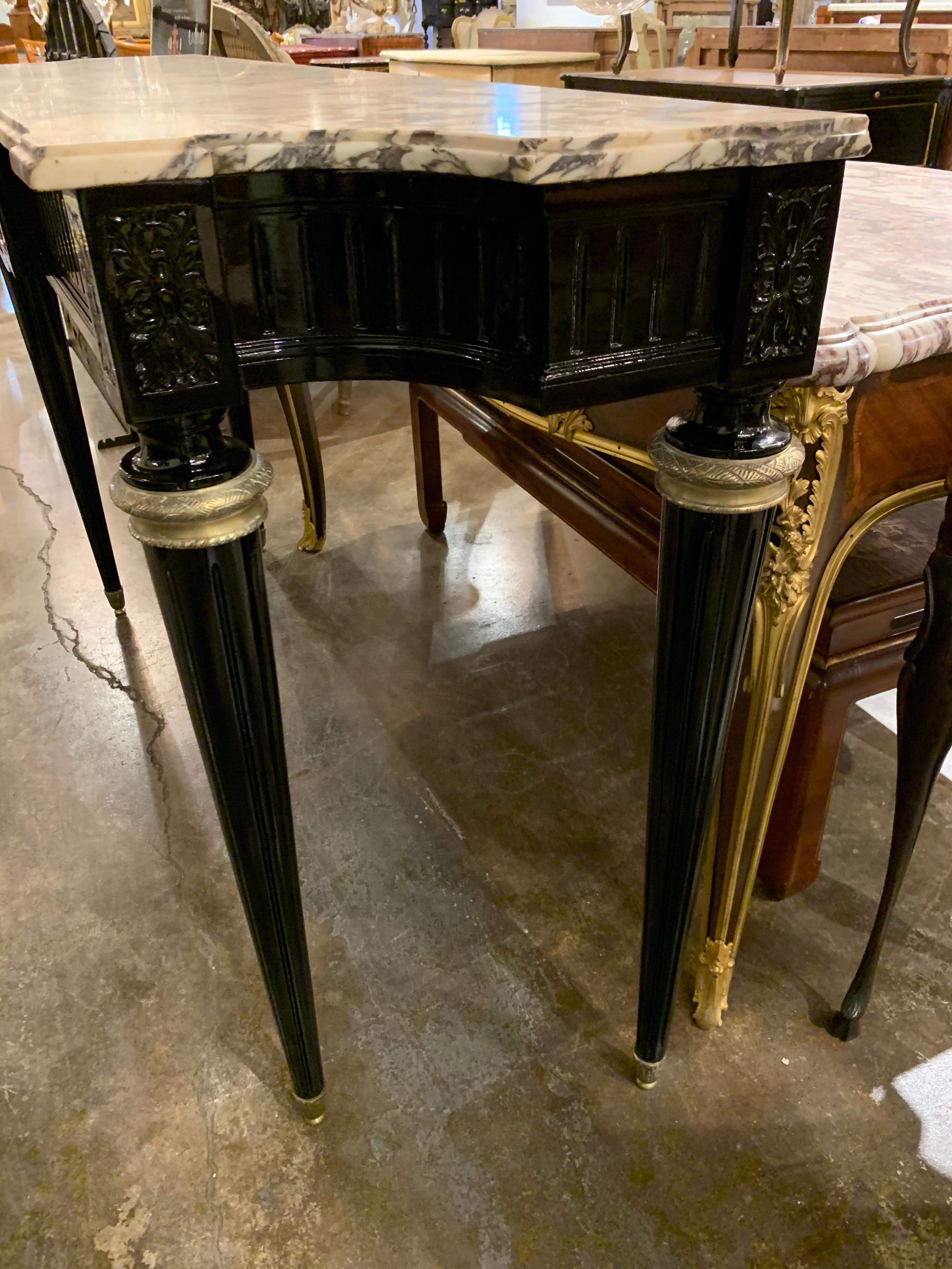 French Louis XVI Black Lacquered Console with Brass Details and Marble Top In Good Condition For Sale In Dallas, TX
