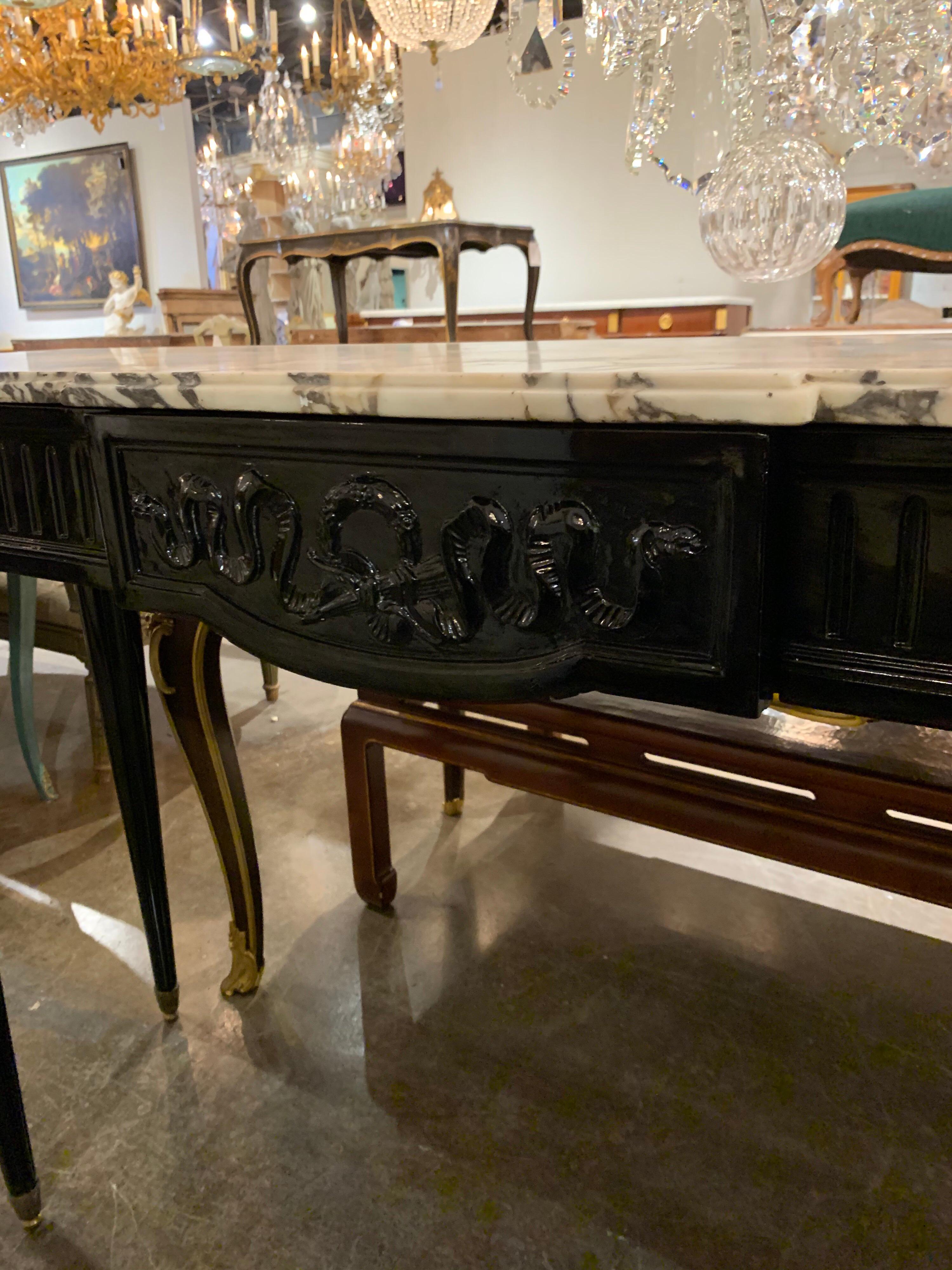 19th Century French Louis XVI Black Lacquered Console with Brass Details and Marble Top For Sale