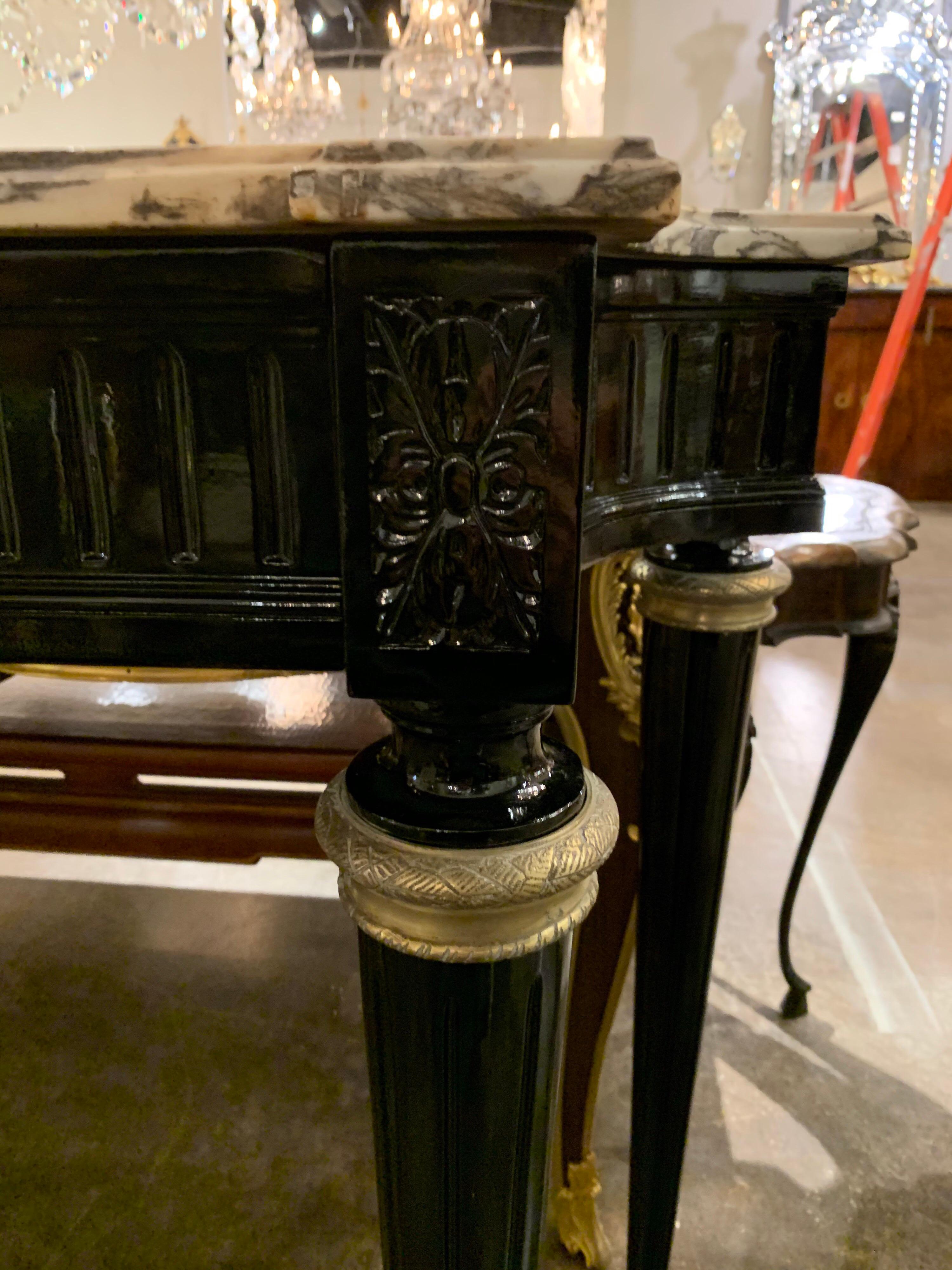 Wood French Louis XVI Black Lacquered Console with Brass Details and Marble Top For Sale