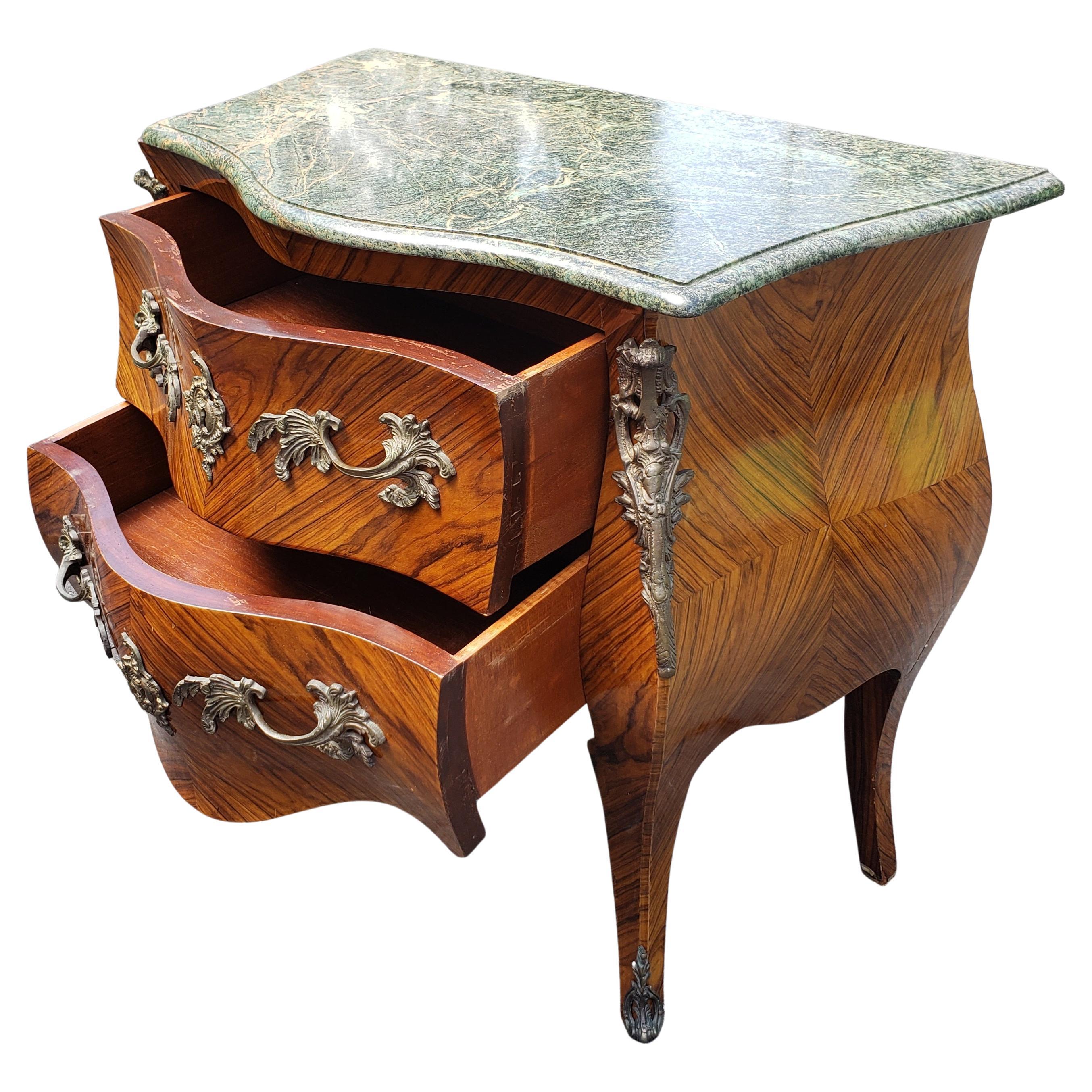 American French Louis XVI Bombe Marquetry and Bronze Ormolu Commode w/ Marble Top, C1880s