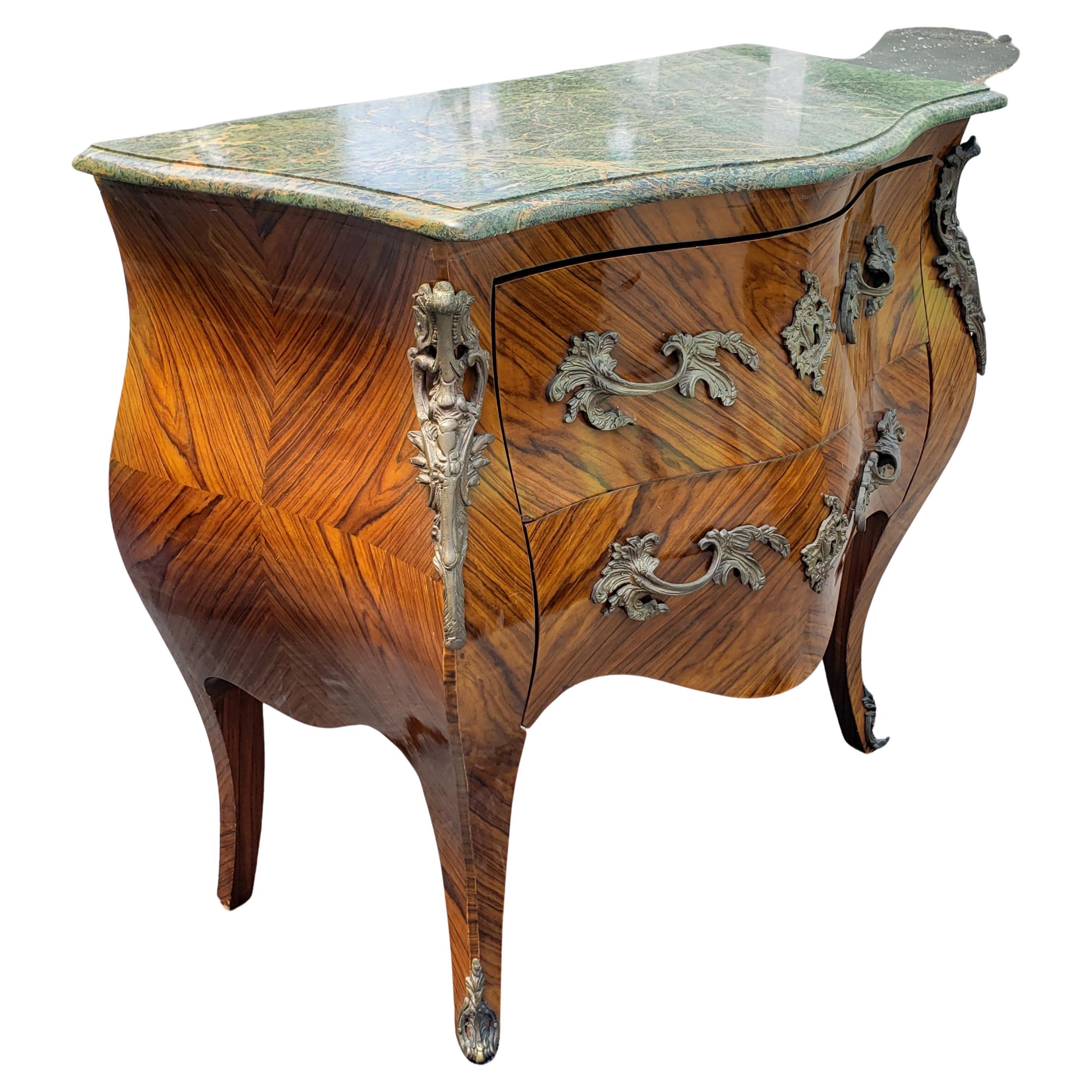 20th Century French Louis XVI Bombe Marquetry and Bronze Ormolu Commode w/ Marble Top, C1880s
