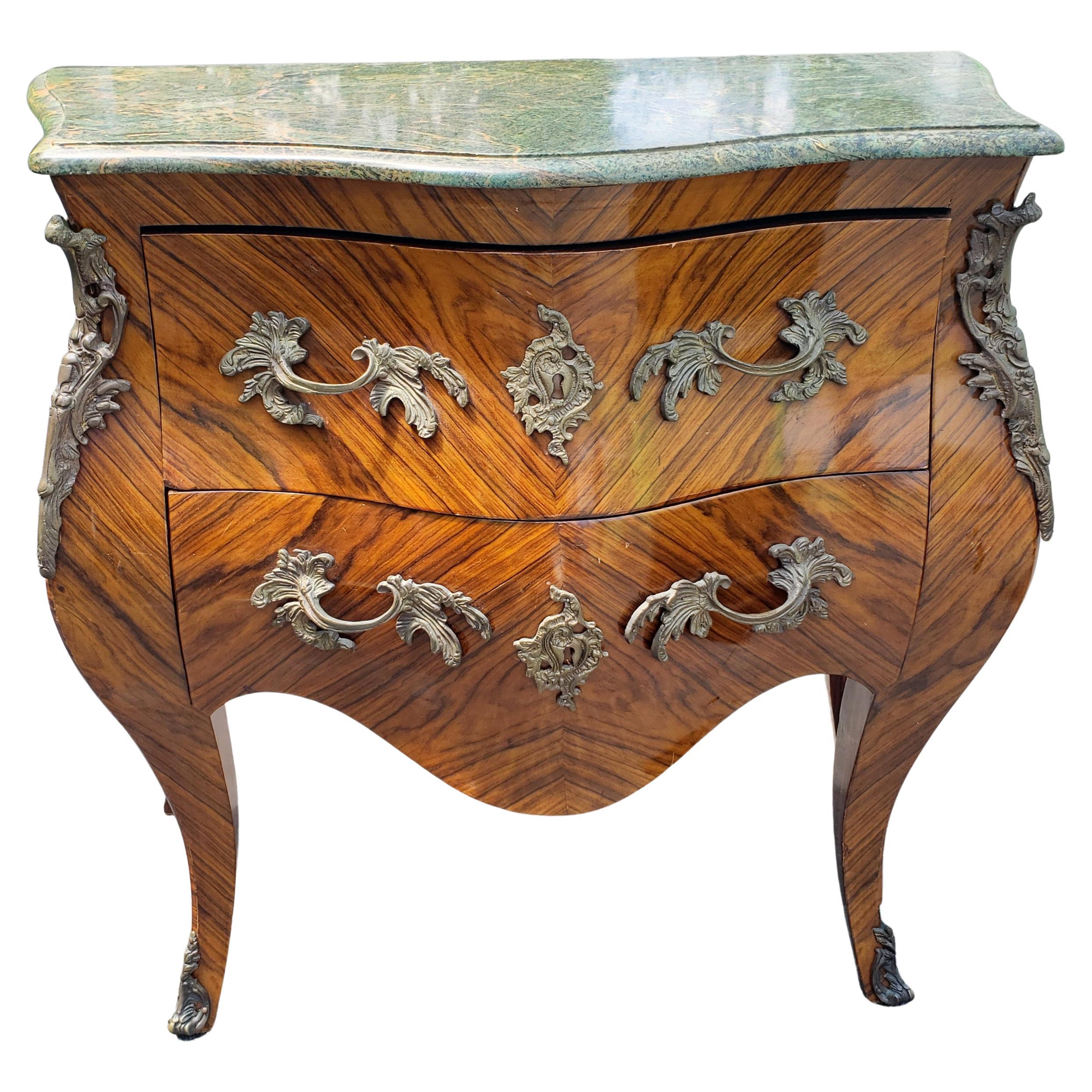 French Louis XVI Bombe Marquetry and Bronze Ormolu Commode w/ Marble Top, C1880s