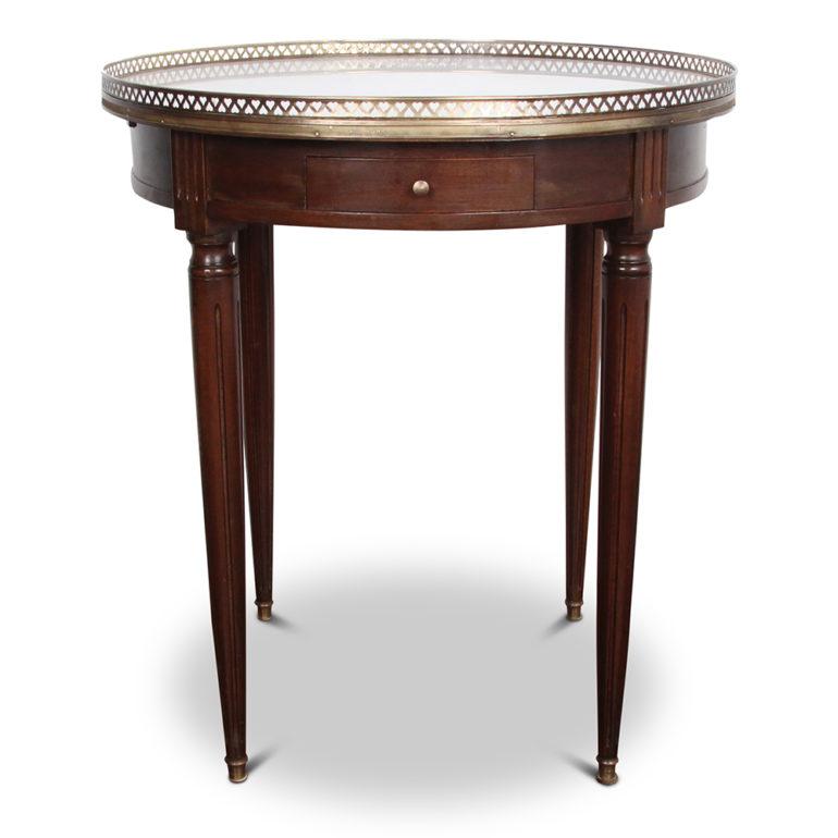 A French Louis XVI-style mahogany bouillotte table with a Carrara marble top and pierced brass gallery; two small drawers and two pull-out slides with leather, circa 1950.

Carrara marble is a type of white or blue-grey marble popular for use in