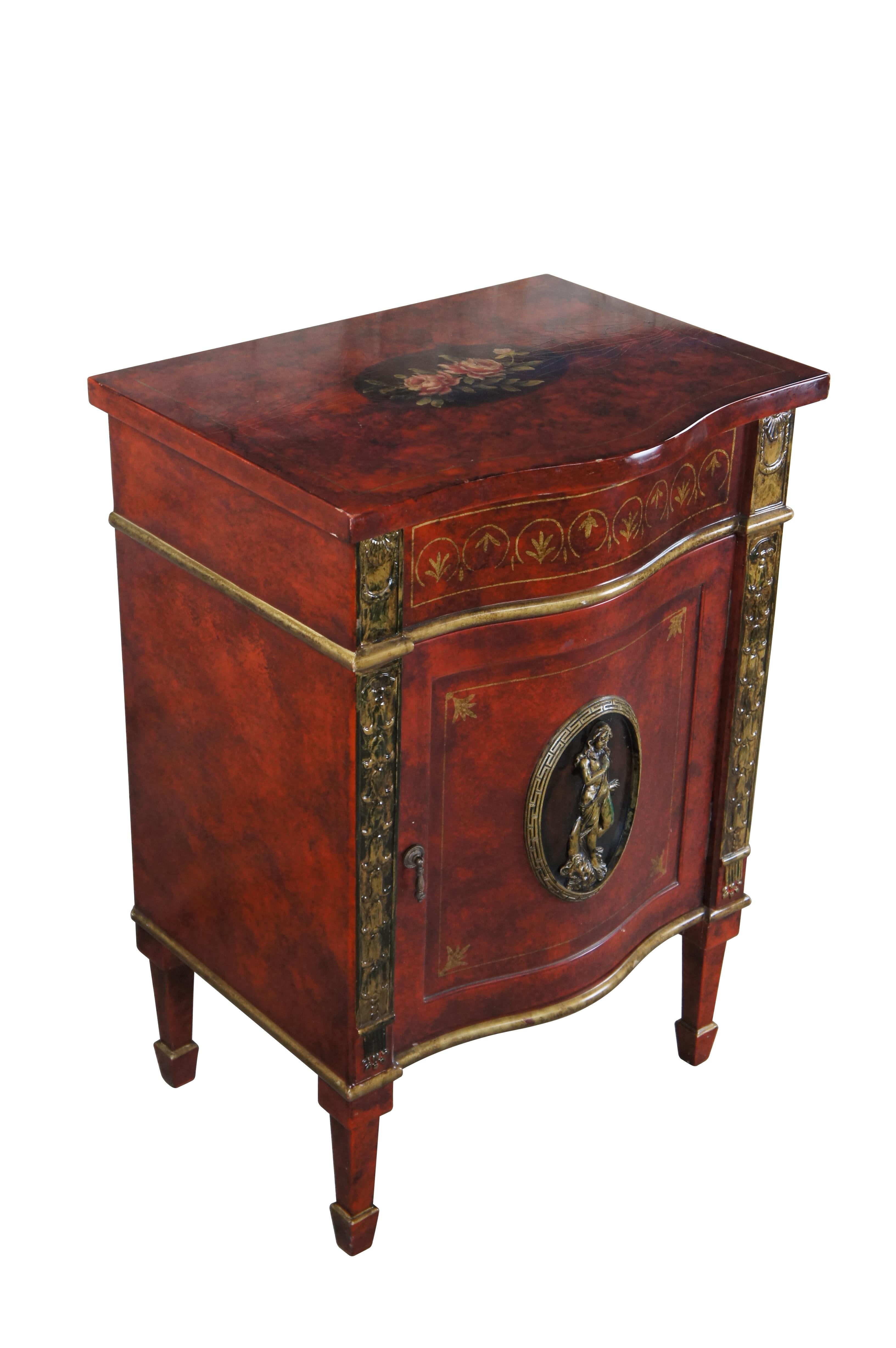French Louis XVI inspired Boulle Style Faux marbled red lacquer chest, side table or entry commode. Features a serpentine form with gold trim and lower cabinet for accessory storage. Lower door has a nice low relief cameo of a nymph framed in a