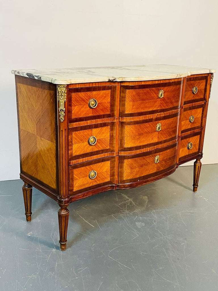 French Louis XVI Bow Front Commode, Chest, Chest Of Drawers, Marble Top