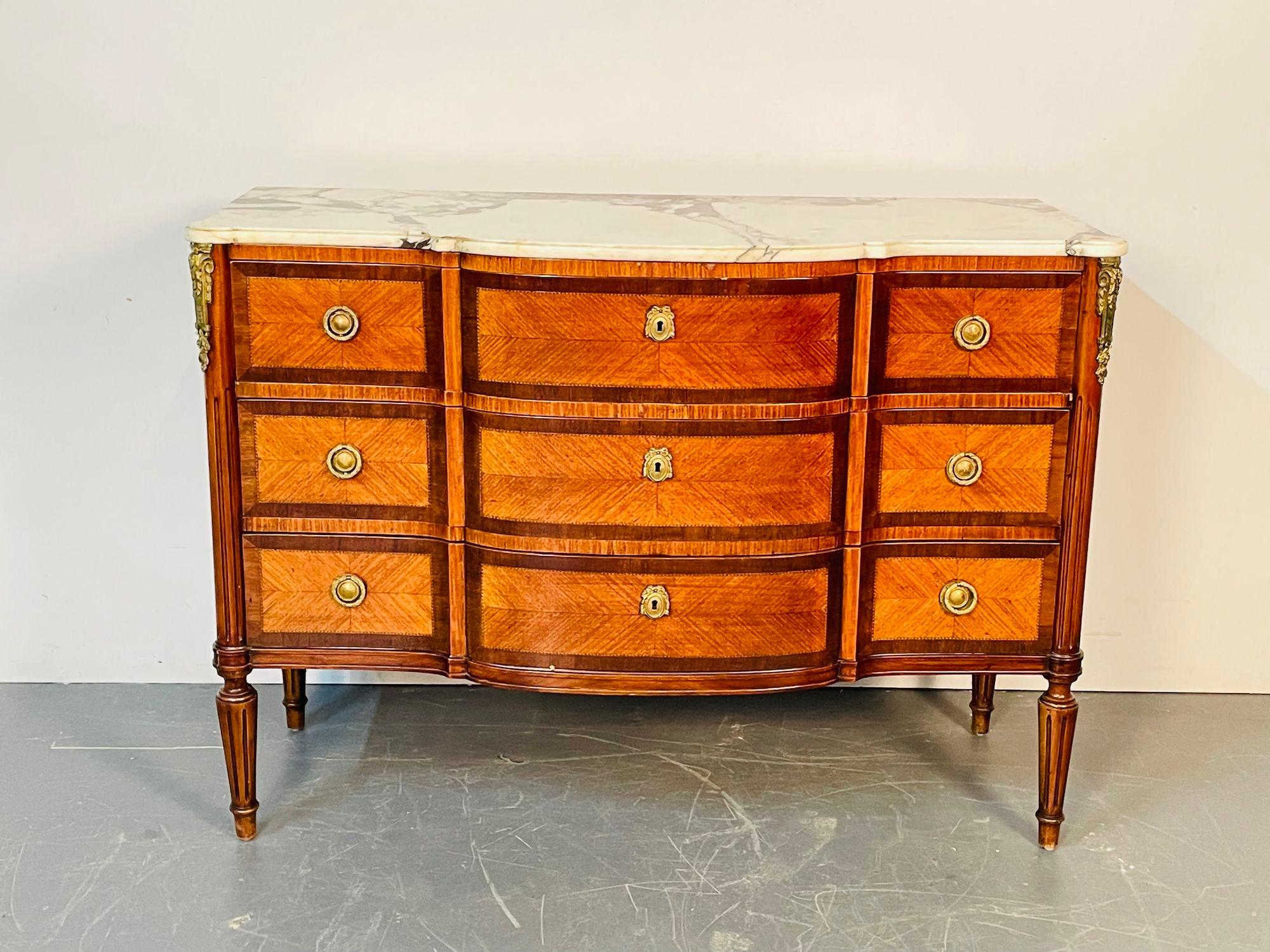 20th Century French Louis XVI Bow Front Commode, Chest, Dresser, Marble Top, Bronze Mounted
