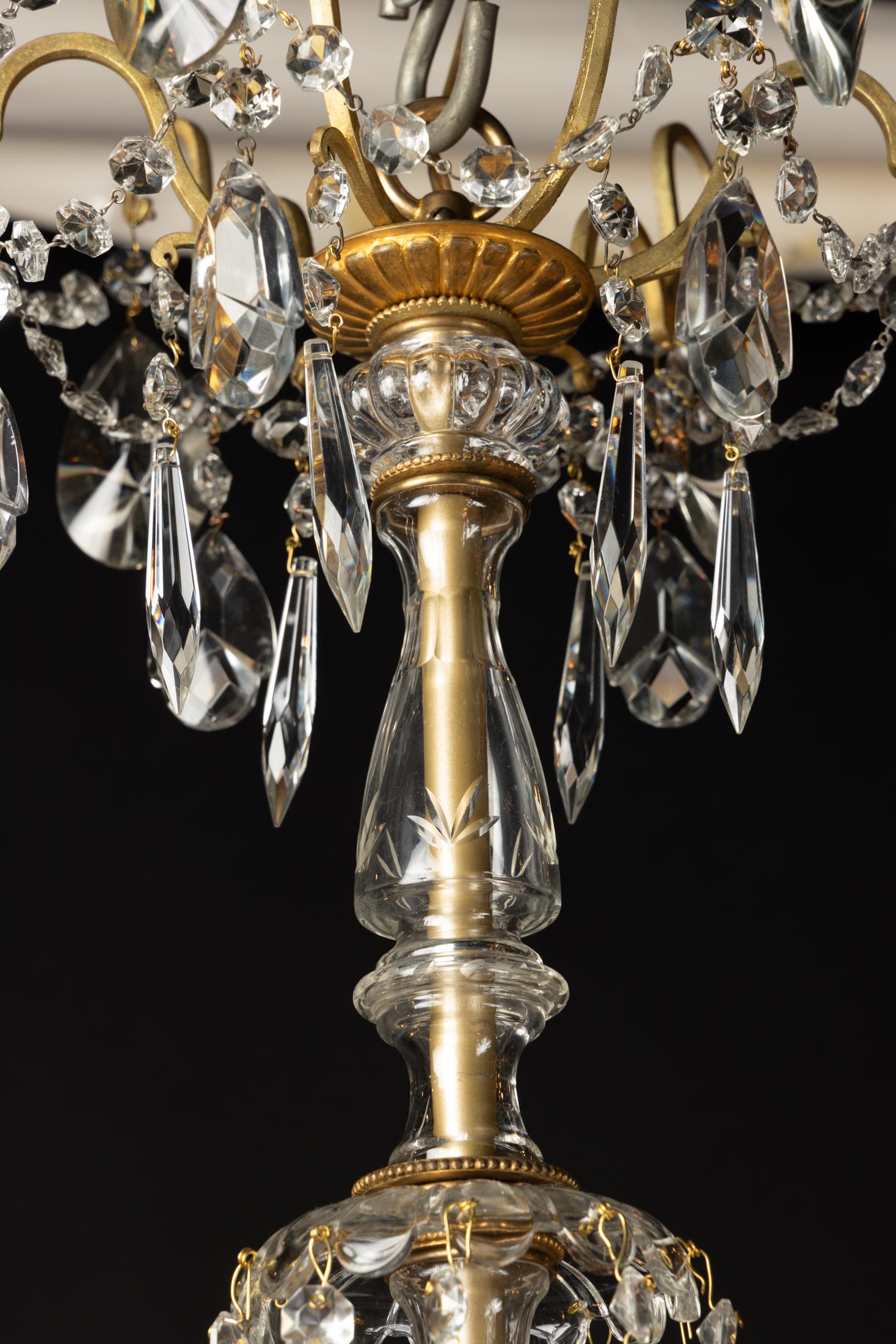 French Louis XVI Bronze and Crystal Chandelier with Crystal Stem, Pair Available For Sale 7