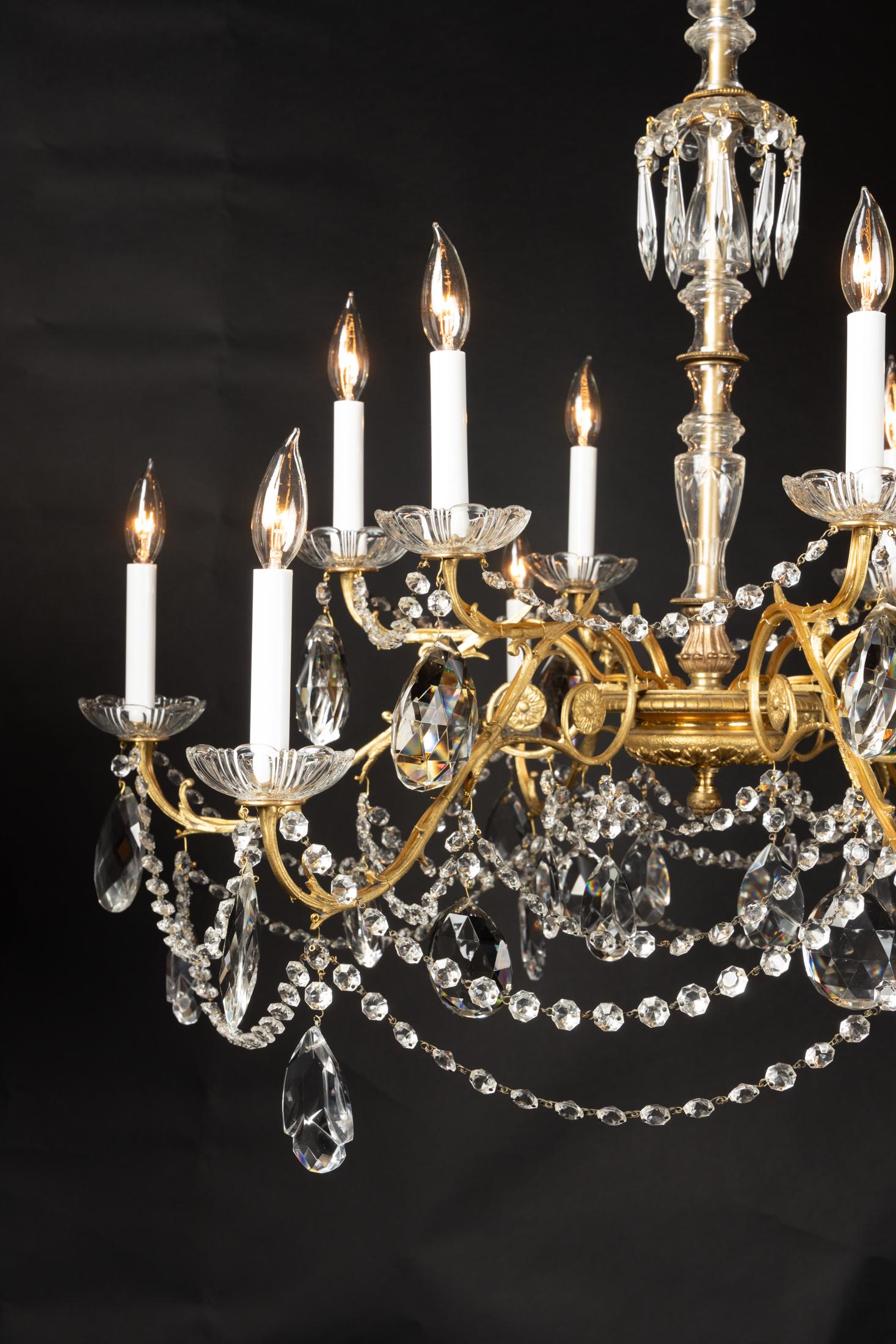 French Louis XVI Bronze and Crystal Chandelier with Crystal Stem, Pair Available In Good Condition For Sale In New Orleans, LA