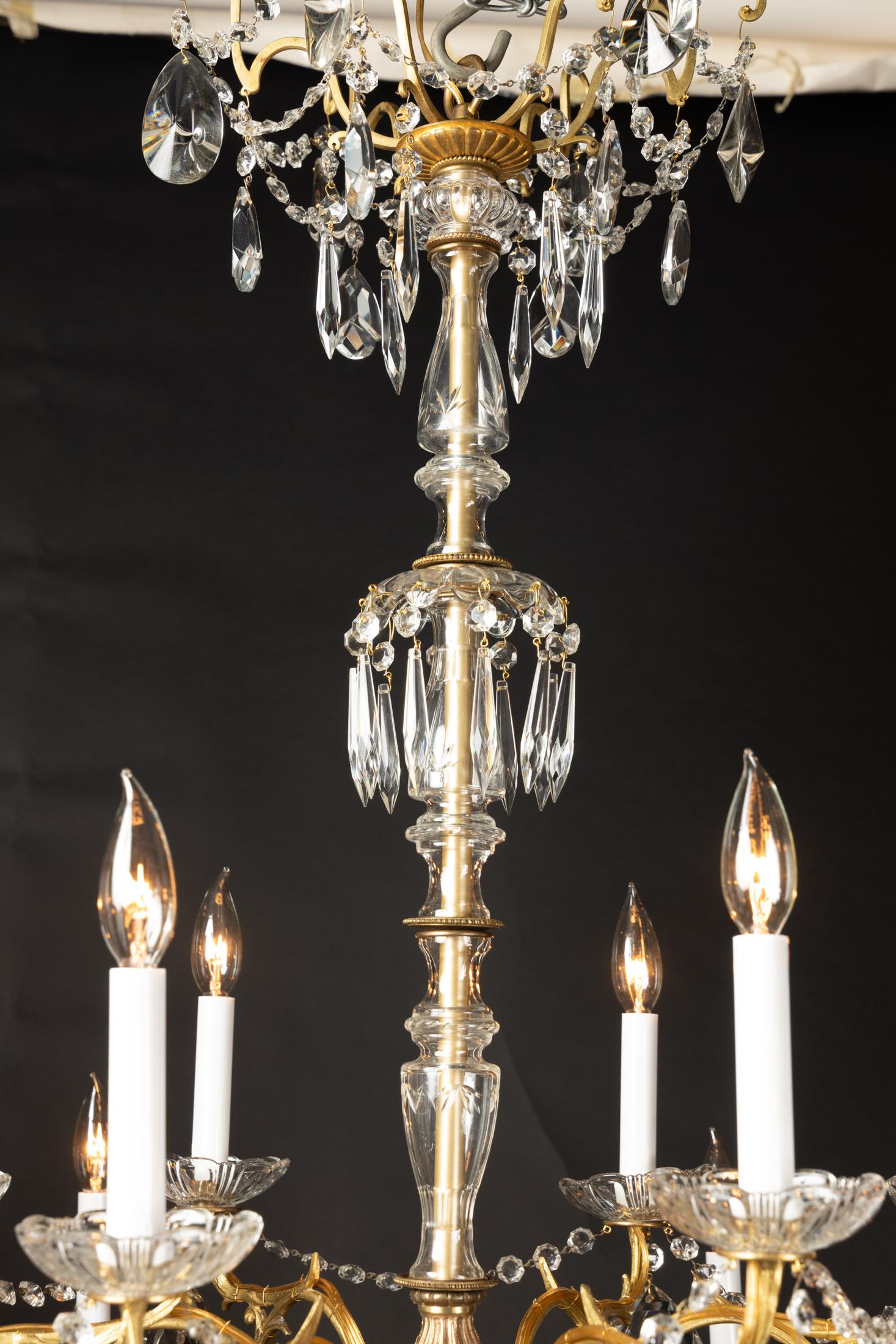 French Louis XVI Bronze and Crystal Chandelier with Crystal Stem, Pair Available For Sale 1