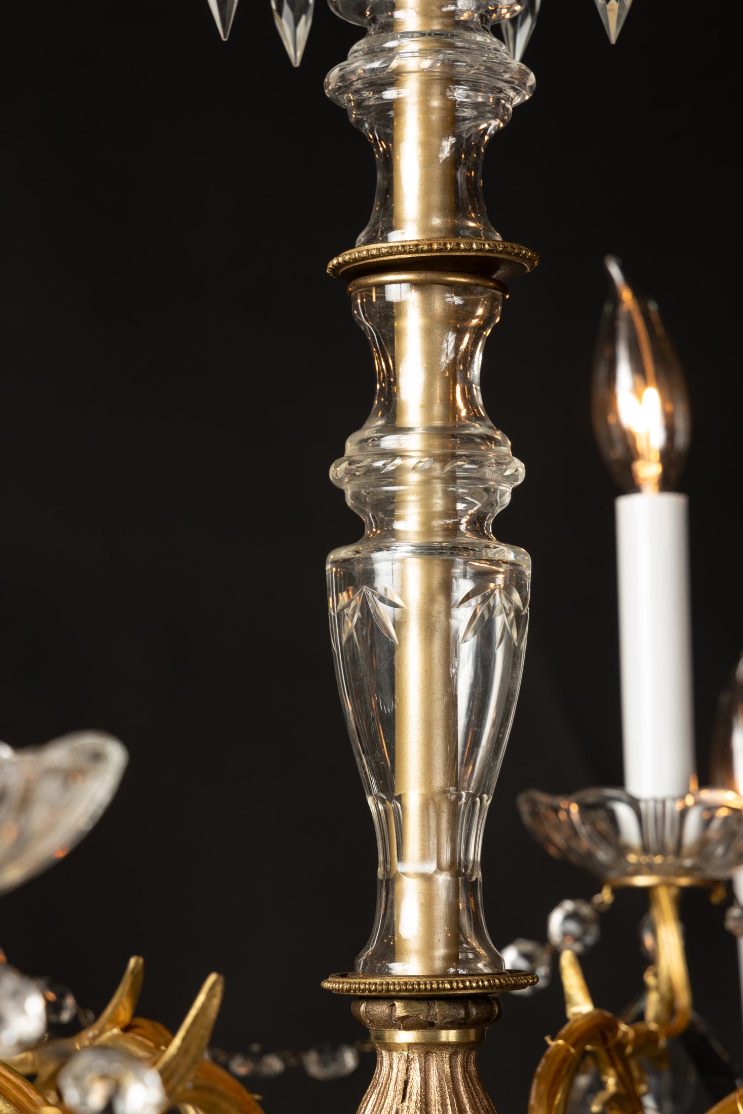 French Louis XVI Bronze and Crystal Chandelier with Crystal Stem, Pair Available For Sale 5