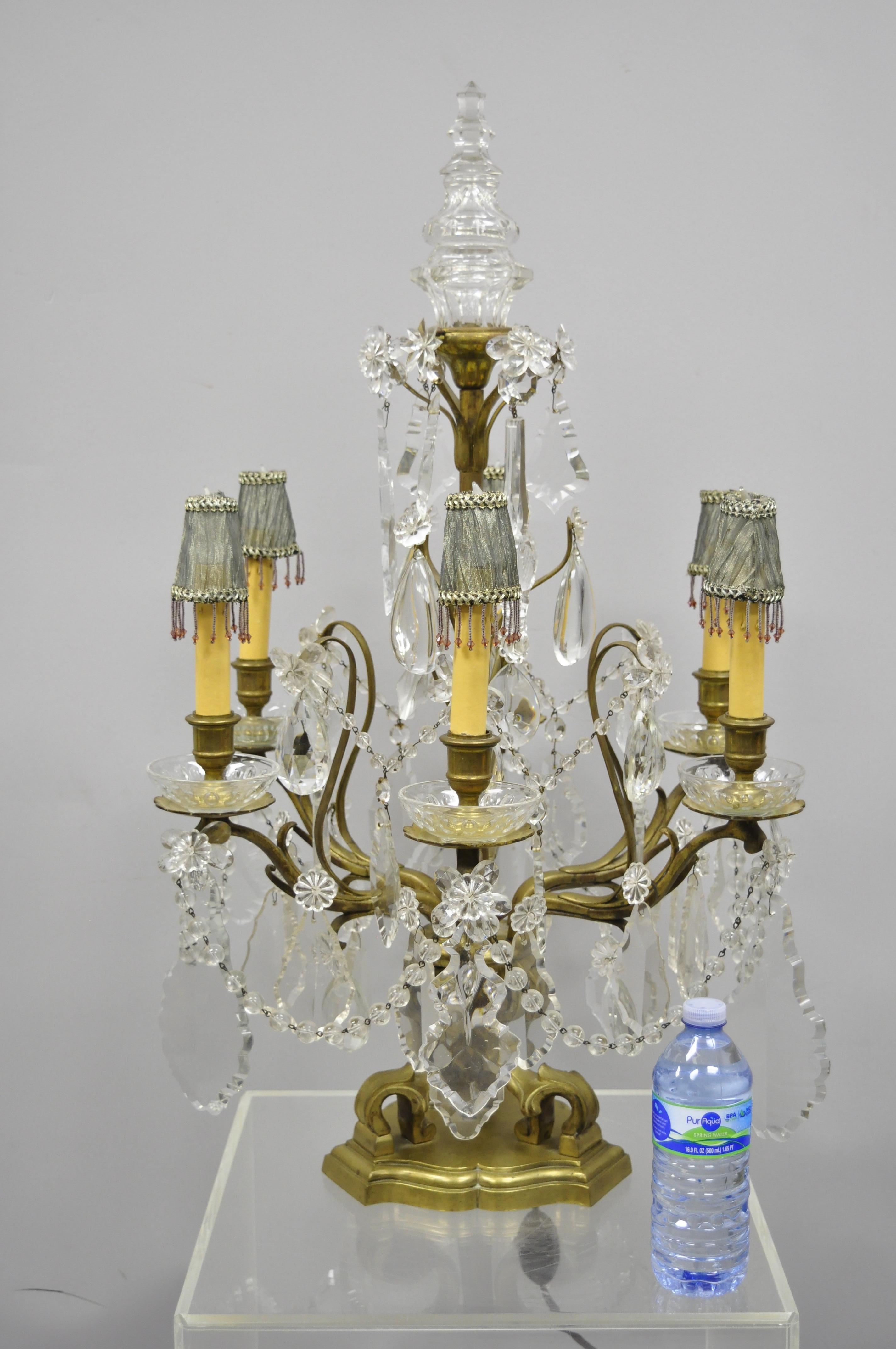 French Louis XVI Bronze and Crystal Prism Girandole Electrified Candelabra Lamp For Sale 7