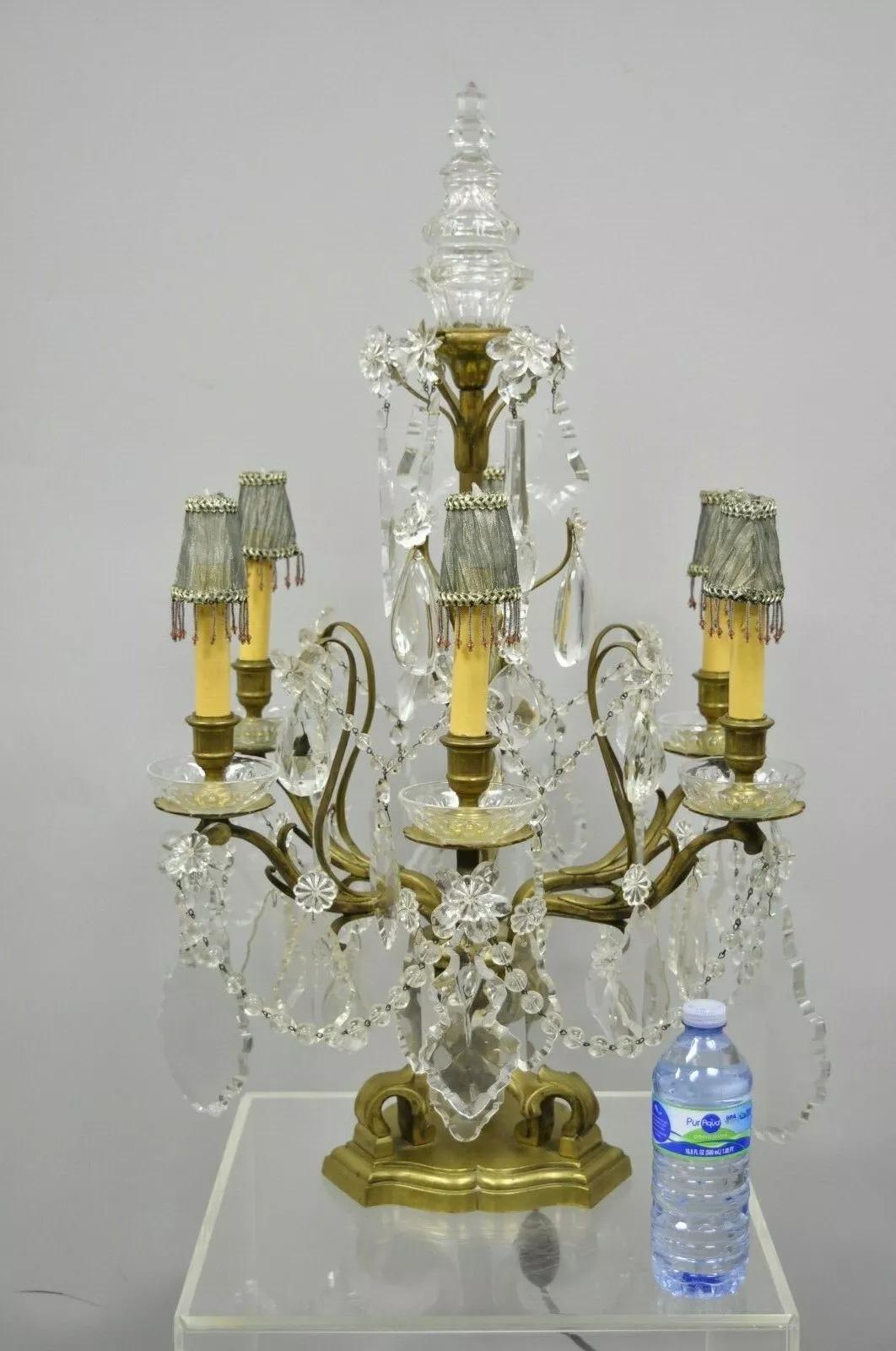 Lámpara Candelabro Electrificada Girandole de Bronce y Cristal Luis XVI Francesa en venta 7