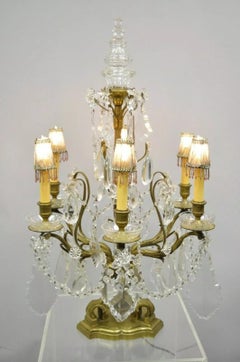 French Louis XVI Bronze & Crystal Prism Girandole Electrified Candelabra Lamp