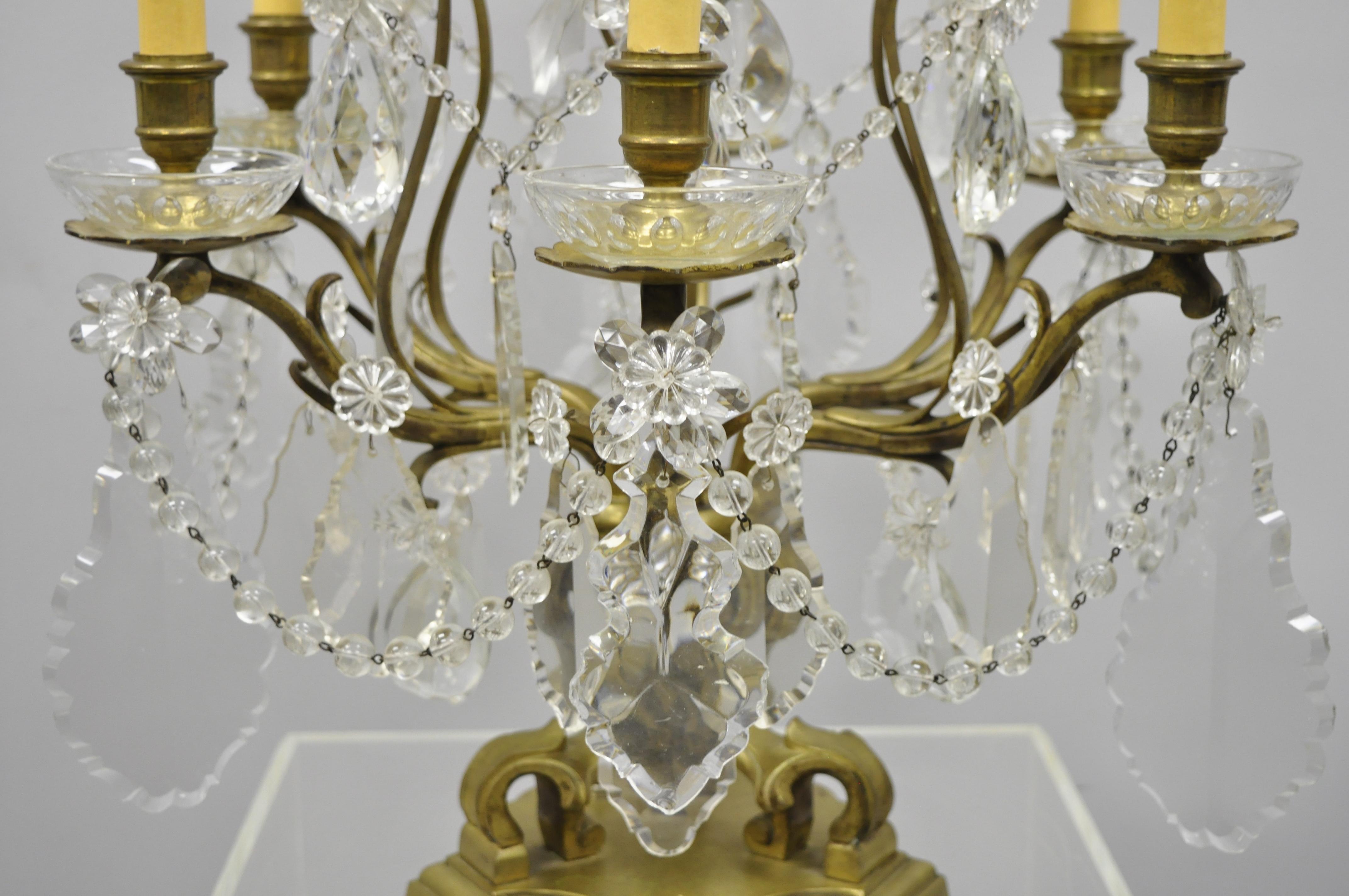 20th Century French Louis XVI Bronze and Crystal Prism Girandole Electrified Candelabra Lamp For Sale