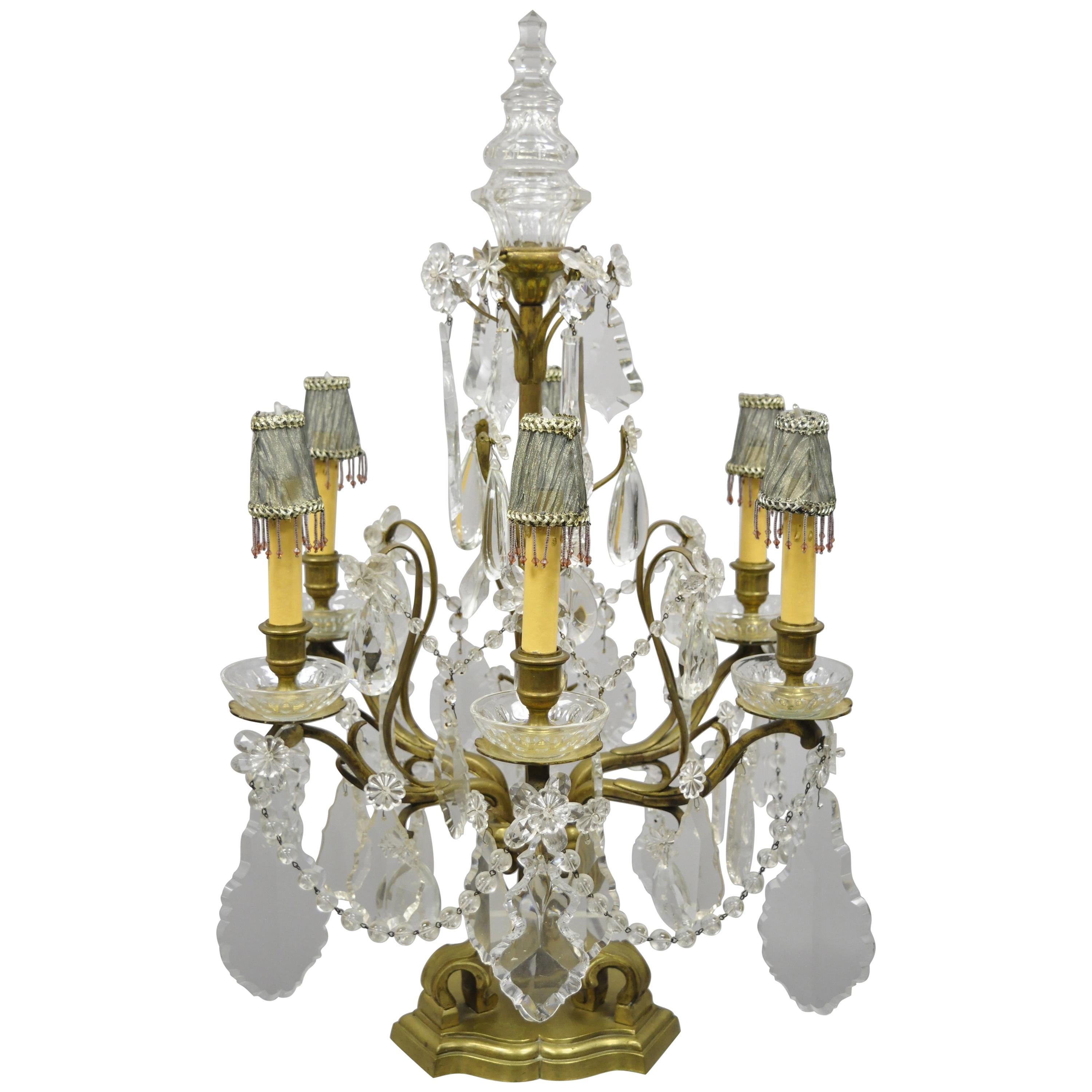 French Louis XVI Bronze and Crystal Prism Girandole Electrified Candelabra Lamp