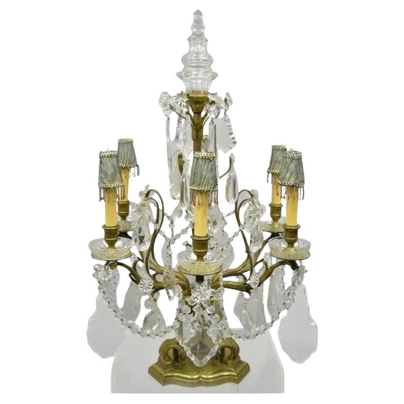 Lampada a candelabro elettrificata francese Luigi XVI in bronzo e cristallo a prisma Girandole