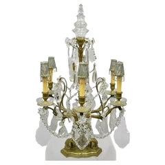 Antique French Louis XVI Bronze & Crystal Prism Girandole Electrified Candelabra Lamp