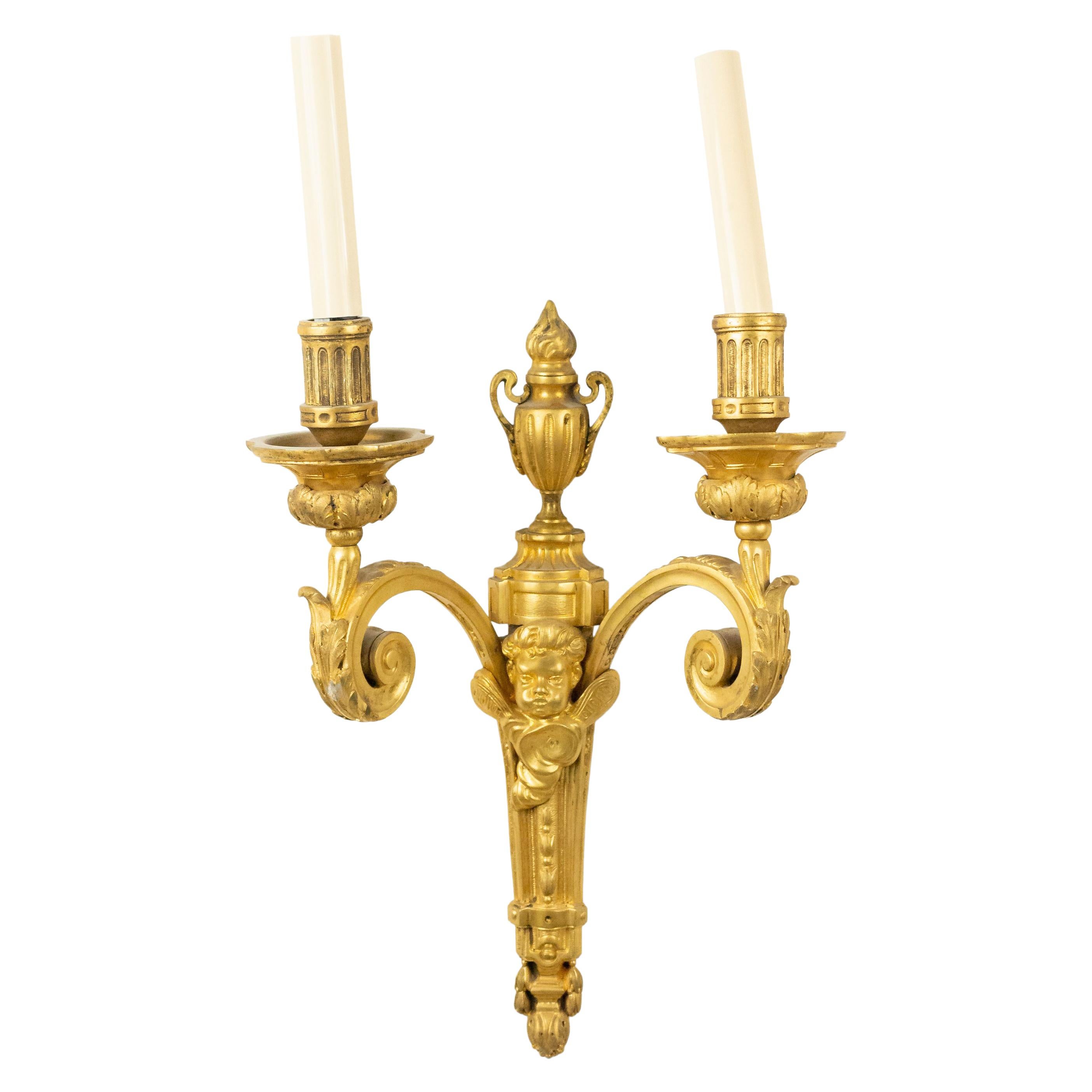 French Louis XVI Style Bronze Dore Cupid Wall Sconce