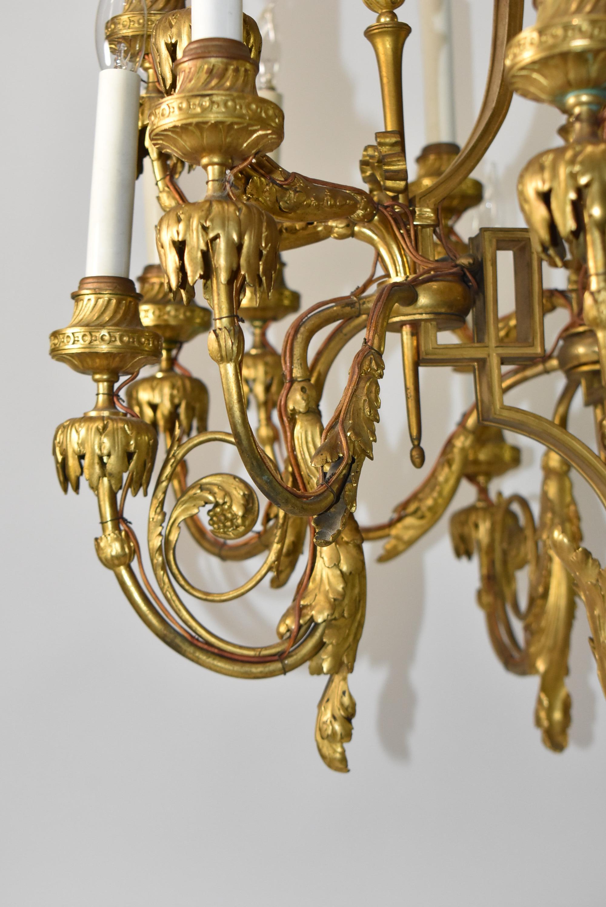 European French Louis XVI Bronze Ormolu Four Arm 20 Light Chandelier For Sale