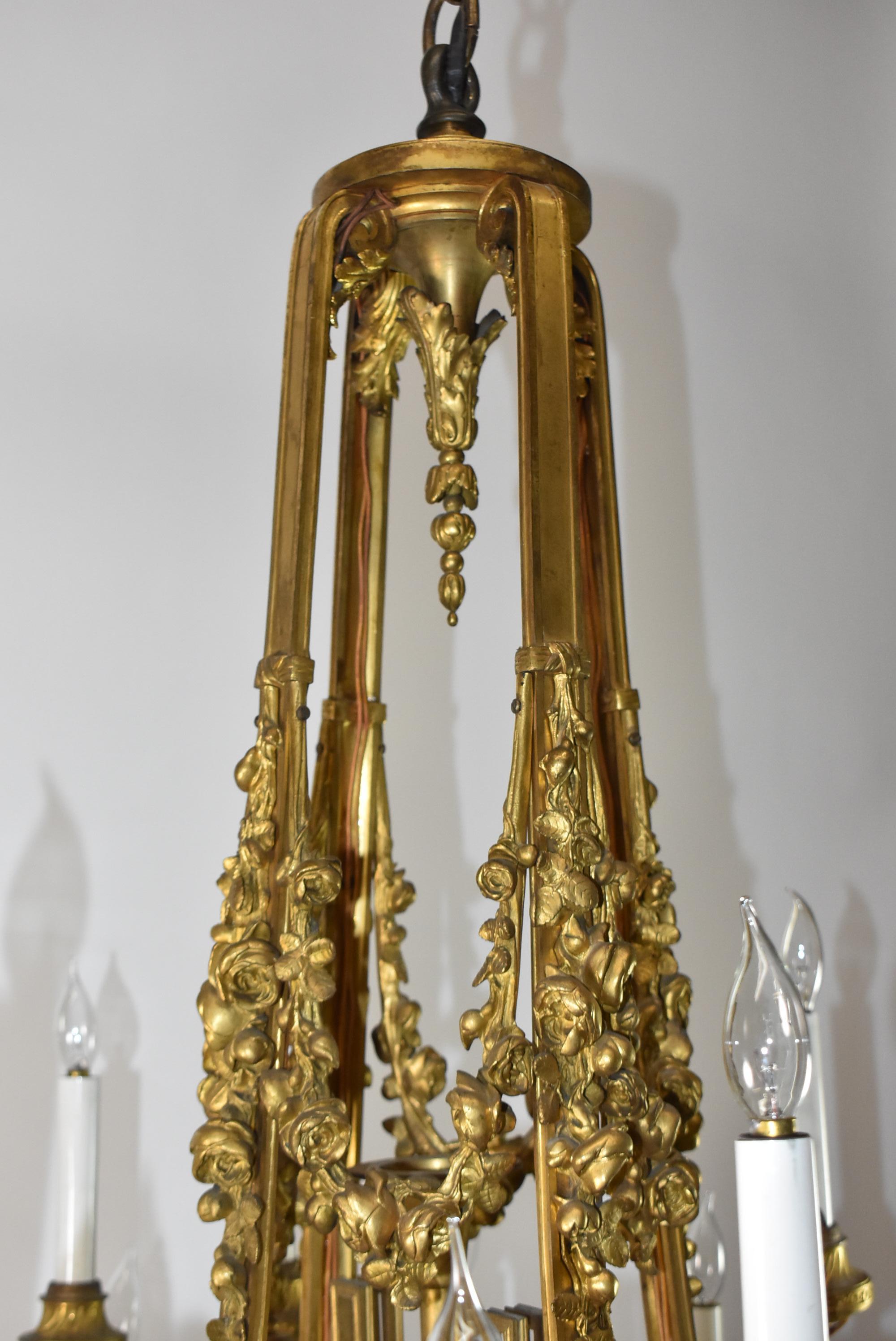 19th Century French Louis XVI Bronze Ormolu Four Arm 20 Light Chandelier For Sale