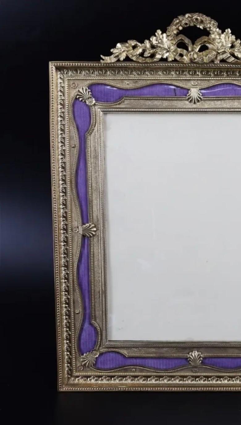 A Wonderful Large French Louis XVI Ormolu Bronze & Purple Guilloche / Enameled Picture Frame With Wreath Ribbon Top, Stamped On The Back France, Enamel Across The Top Has Age Lines. 