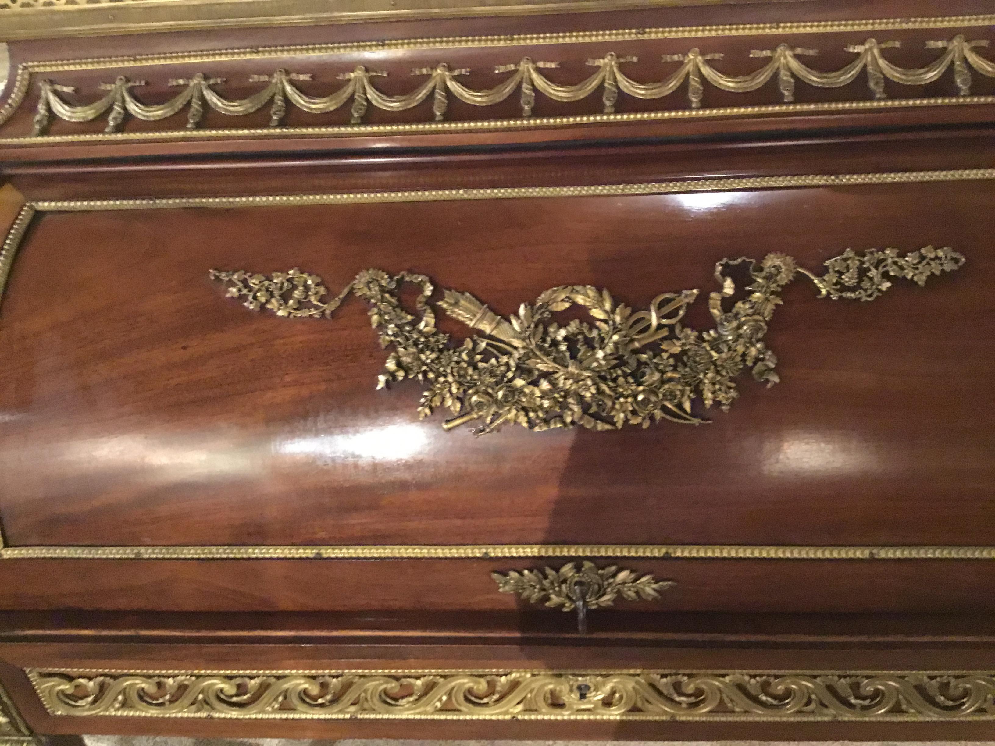 19th Century French Louis XVI Bureau a Cylindre, Mahogany and Gilt Bronze Mounts For Sale