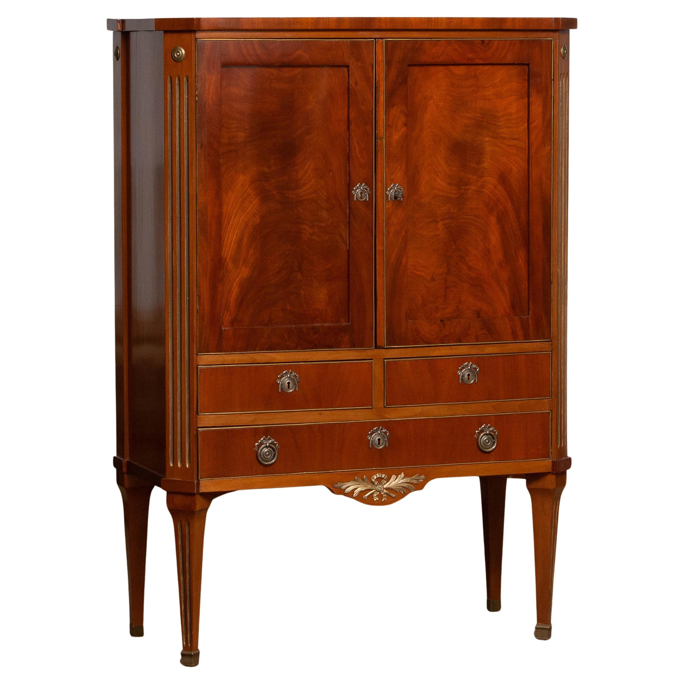 French Louis XVI Cabinet – Mahogany Veneer with Brass Inlays For Sale