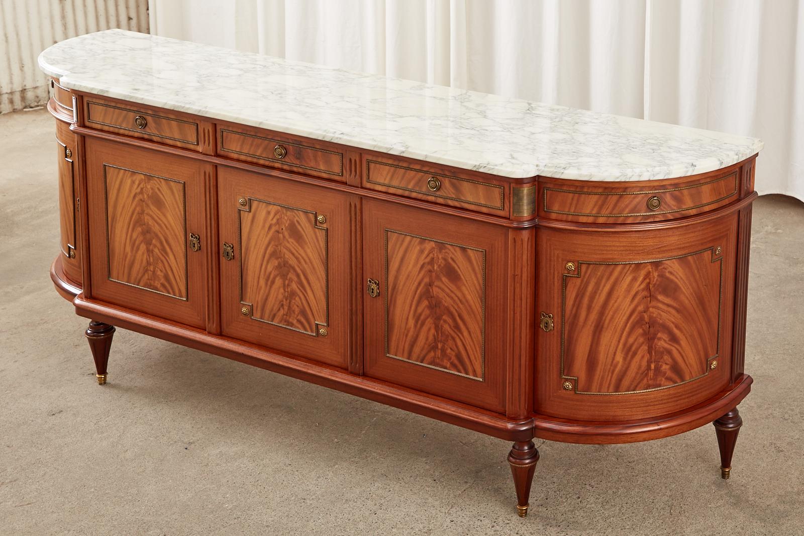 Hand-Crafted French Louis XVI Carrara Marble Top Flame Mahogany Sideboard